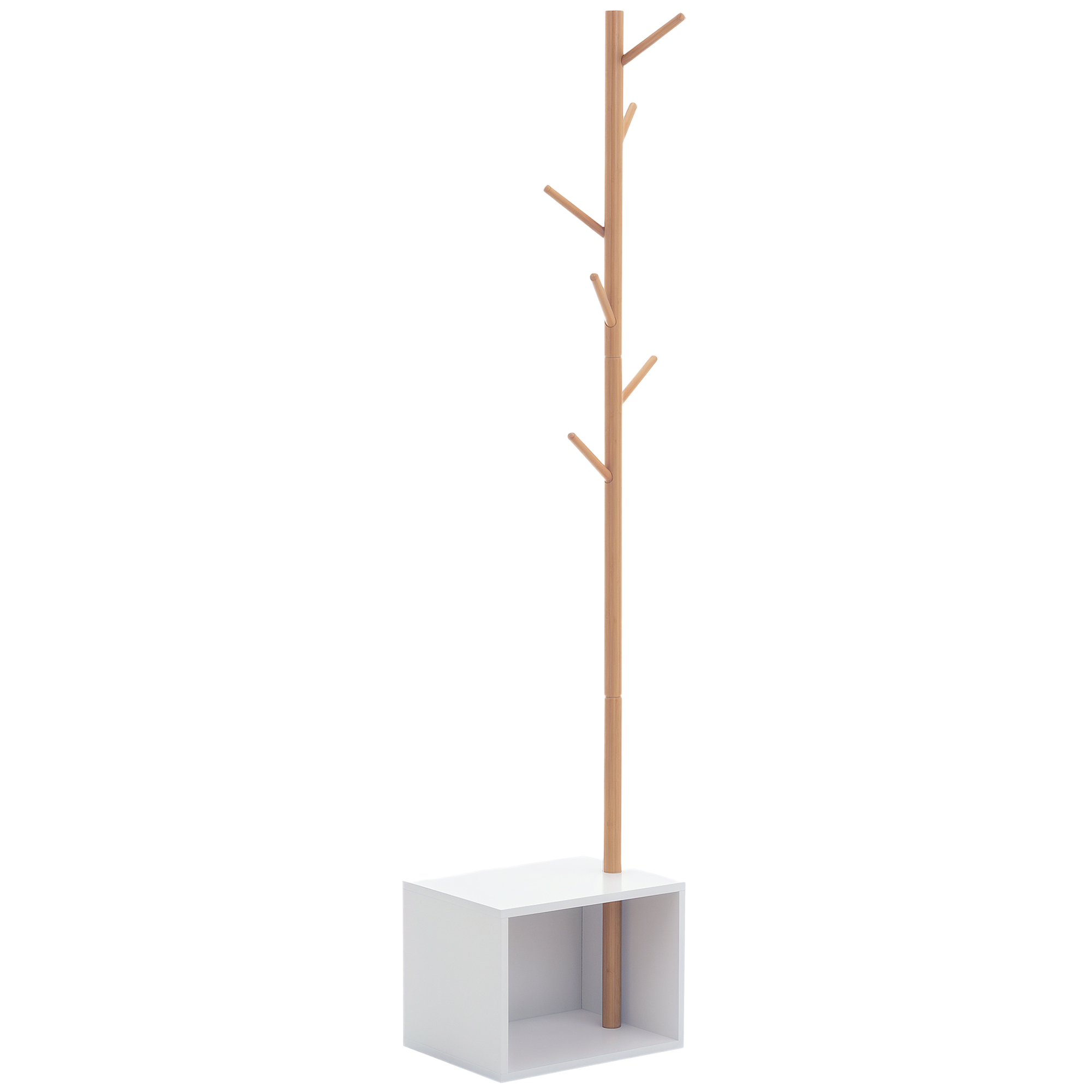 HOMCOM Garderobenständer Kleiderhaken Garderobe mit Sitzbank Stauraum Baum-Design Zweige 6 Haken Bambus Weiß Natur 40 x 30 x 180 cm