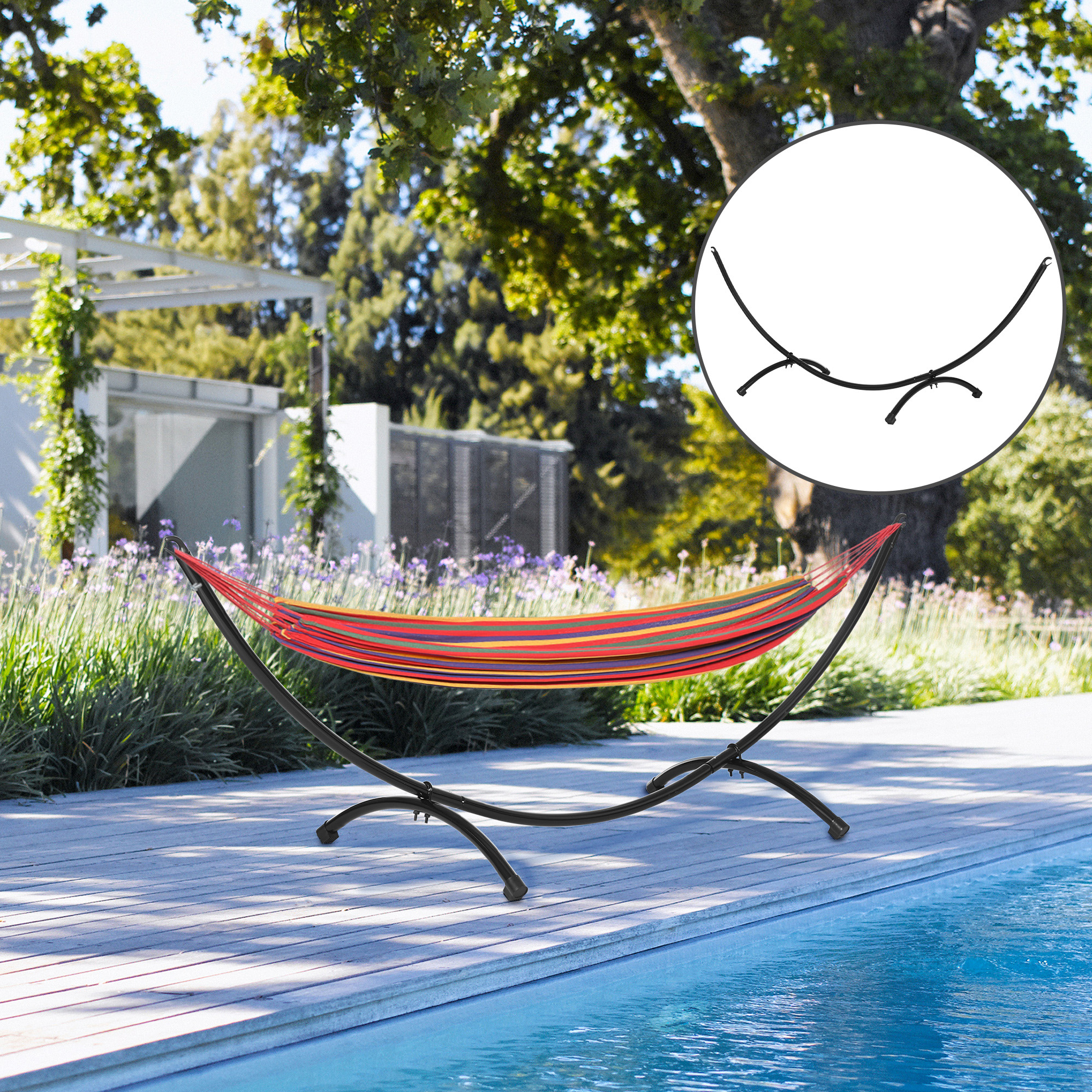 Outsunny Hängemattengestell für Hängematte 3m Hängemattenständer mit Zugseil Garten Strand Stahlrahmen Schwarz 300 x 90 x100 cm