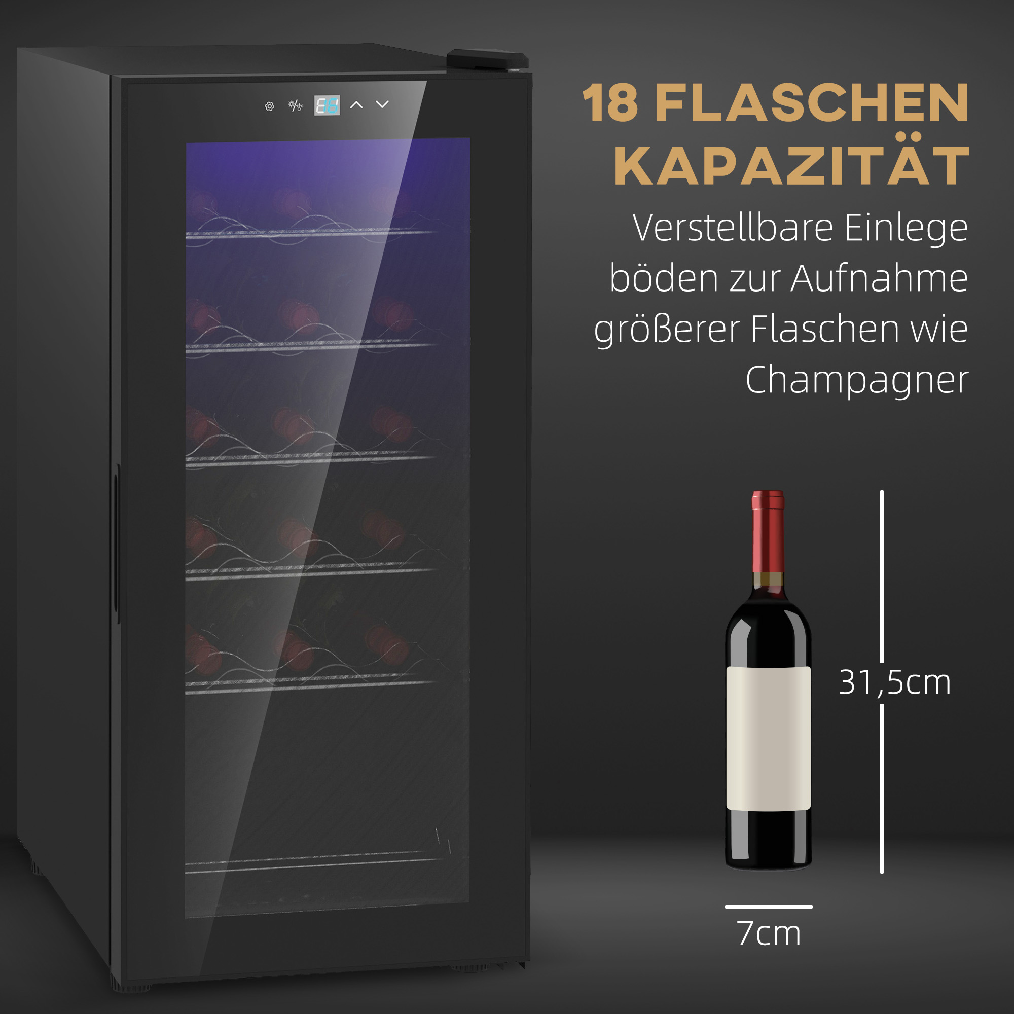 Wijnkoelkast, Stil, 5-18��C, Touchscreen, Verlichting, 34,5x45x78cm, Zwart