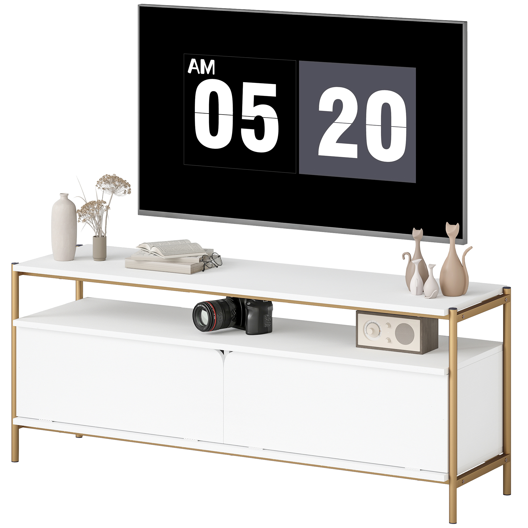 HOMCOM TV-Möbel TV-Rack für Fernseher bis 55 Zoll mit 2 Klappentüren und offenem Regal, 124x35x50cm, Weiß