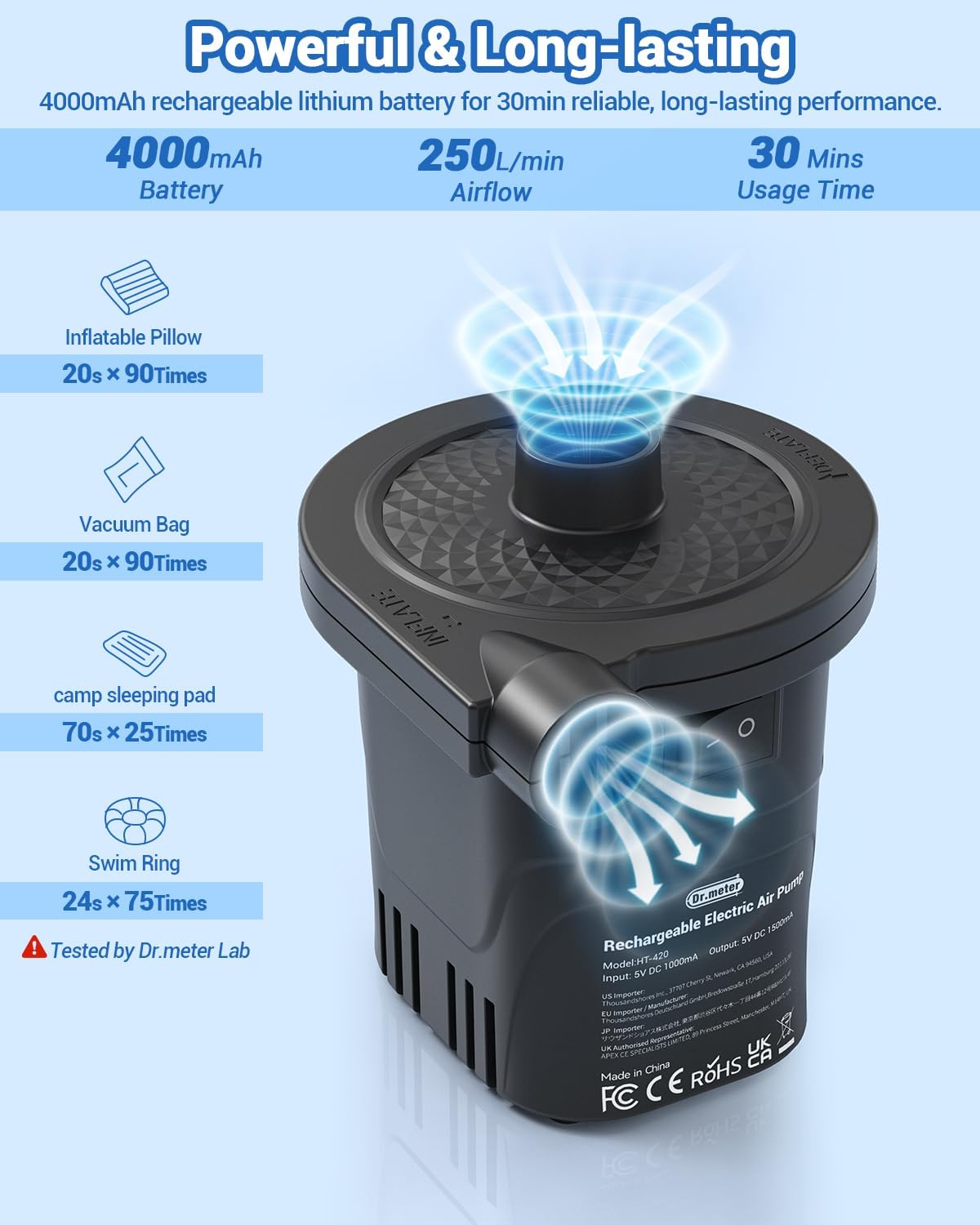 Dr.meter Pompa Elettrica, 6000mAh Pompa Elettrica per Materasso Gonfiabile può essere rapida per Gonfiare e Sgonfiare, Adatto per Materasso Gonfiabile, Materassino Campeggio, Piscina Gonfiabile