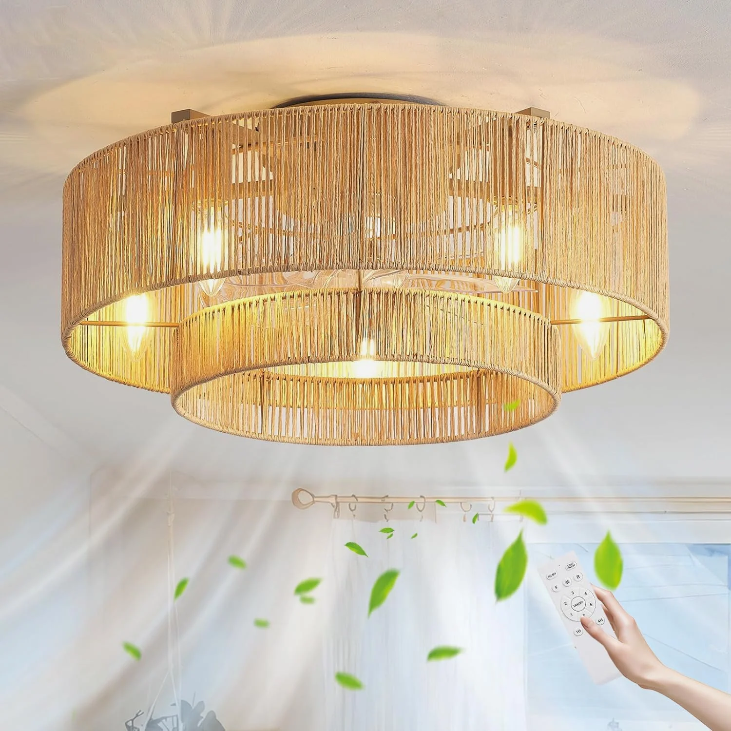 KZT Rattan Deckenventilator mit Beleuchtung und Fernbedienung E27 Deckenleuchte mit Ventilator Retro Boho Bambus Gewebt Lampe mit Ventilator
