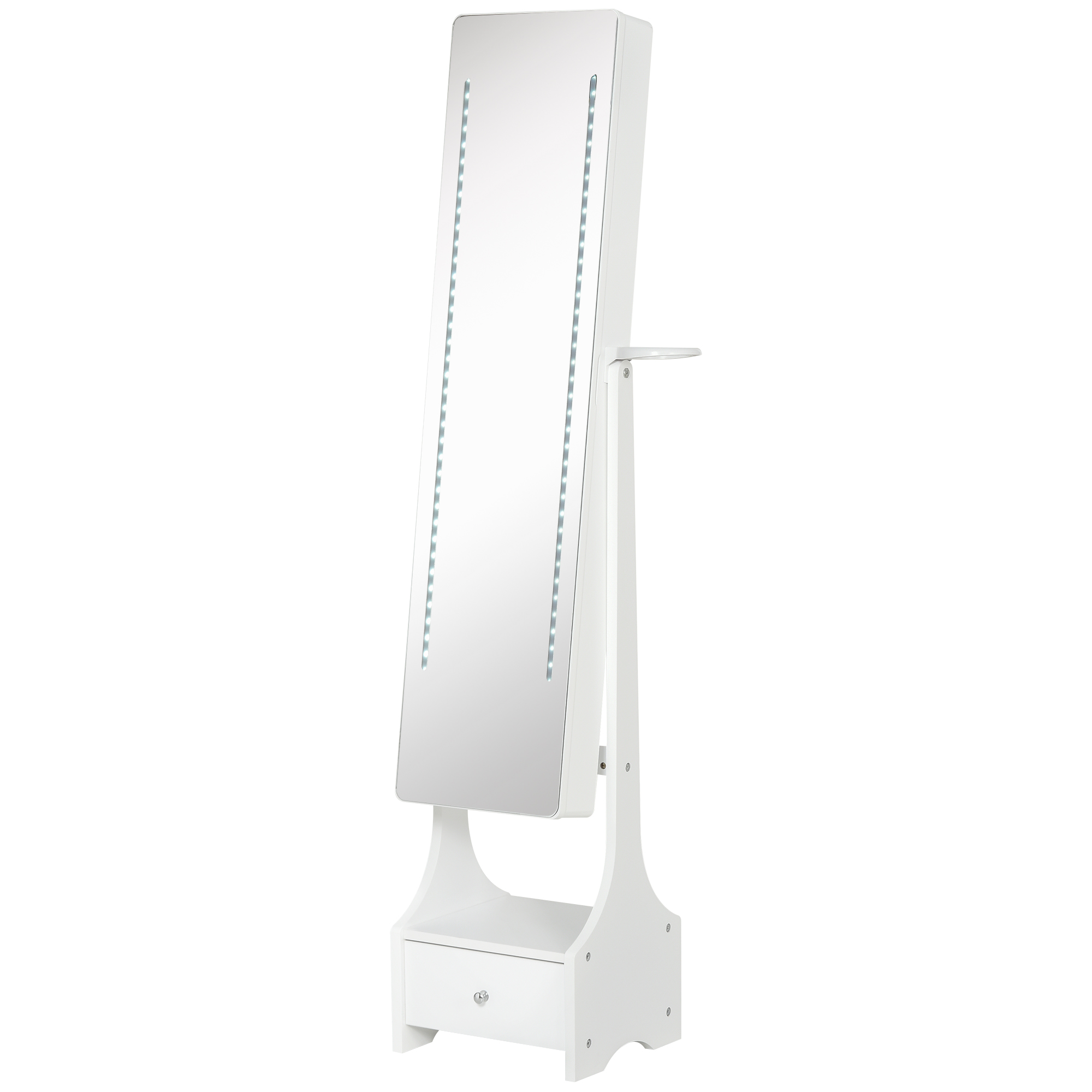 HOMCOM LED Schmuckschrank 2 in 1 Schmuckregal Spiegelschrank mit Schublade MDF Weiß 37 x 30 x 158 cm