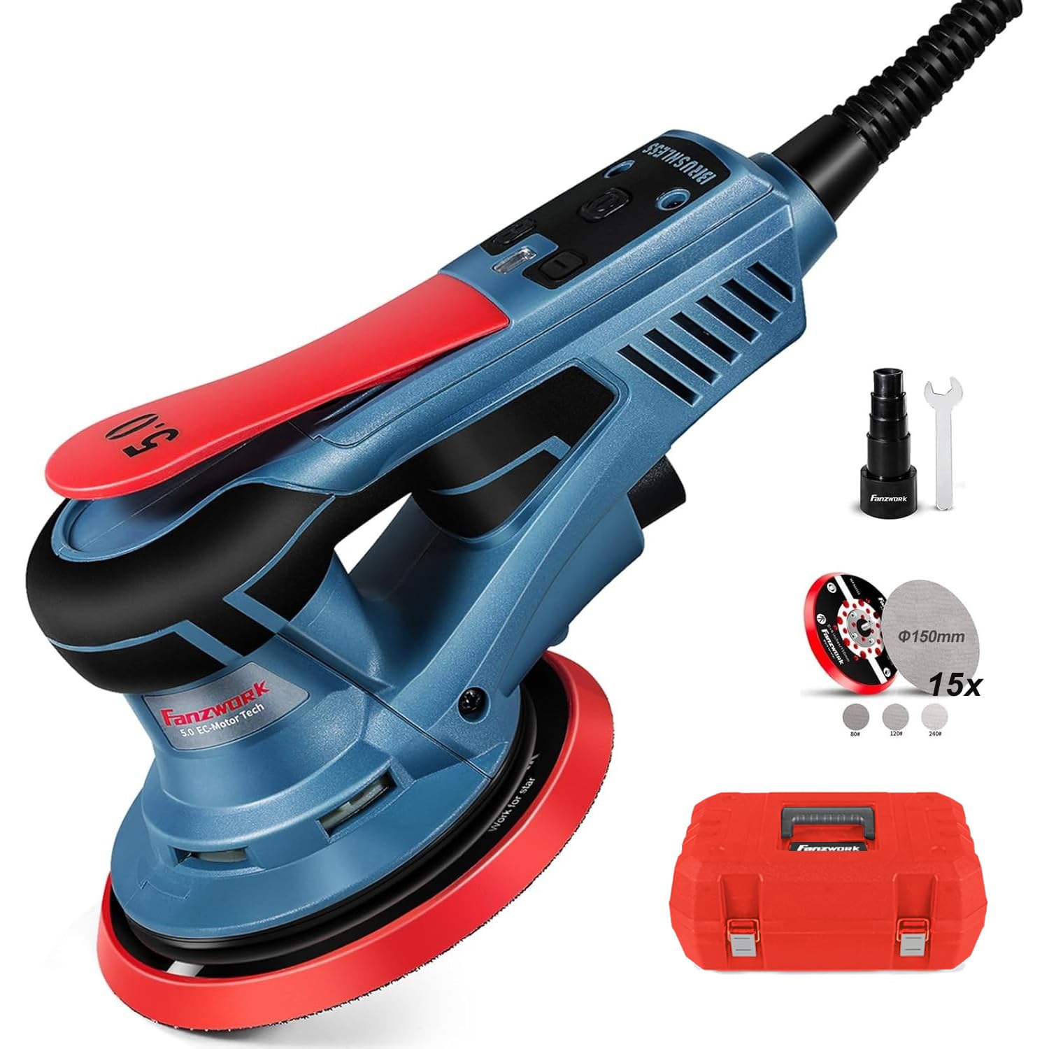 Bürstenloser Exzenterschleifer HG0013 350 W 5 mm Hub 150 mm Set für Holz Metall Auto Lack Schleifarbeiten