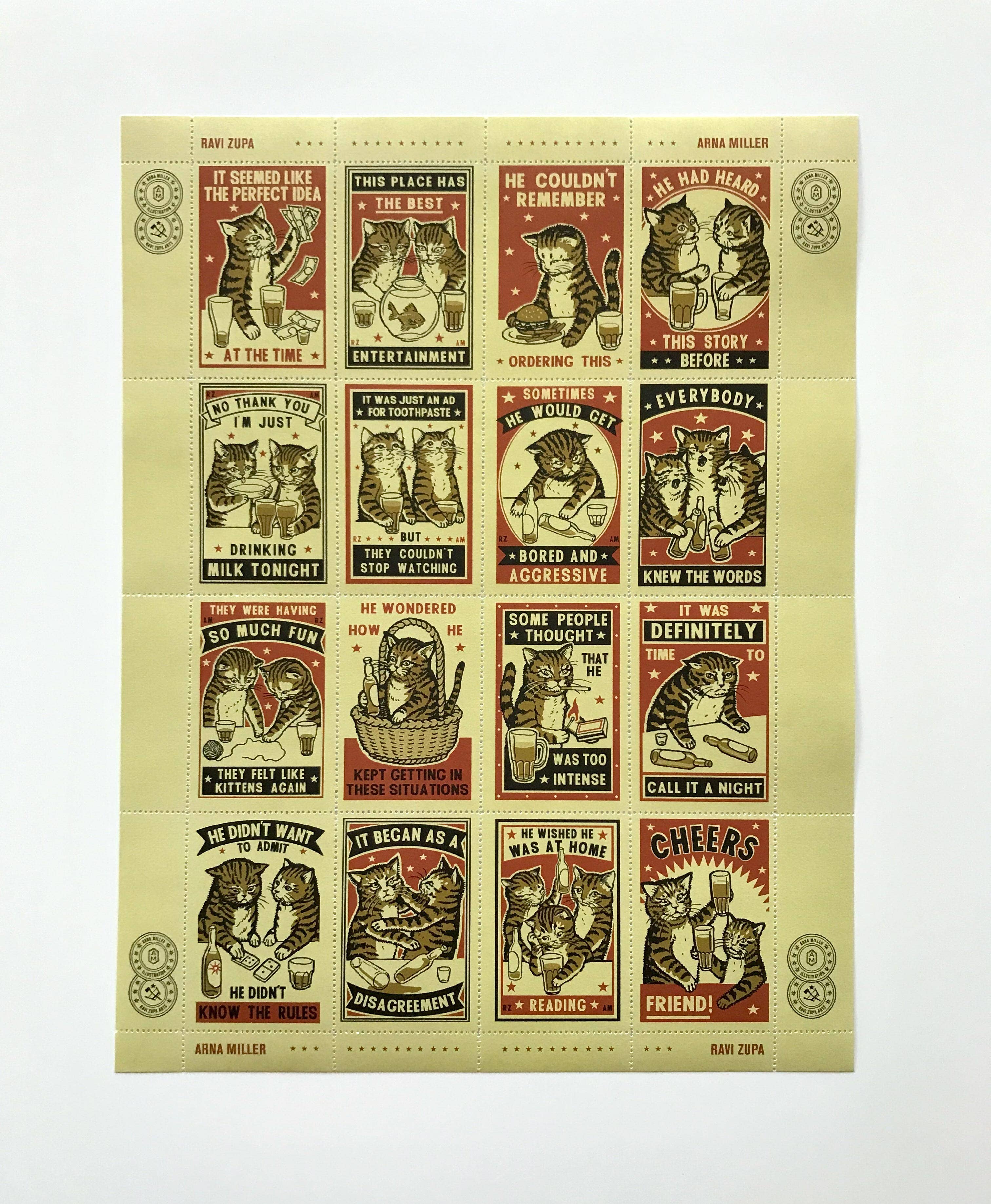 The Portland Stamp Company - Drunk Cats - Lick & Stick Stamps