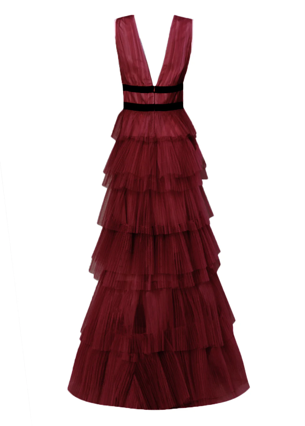 Eliza Burgundy Plunging Neck Layered Tulle Skirt Maxi-Dress