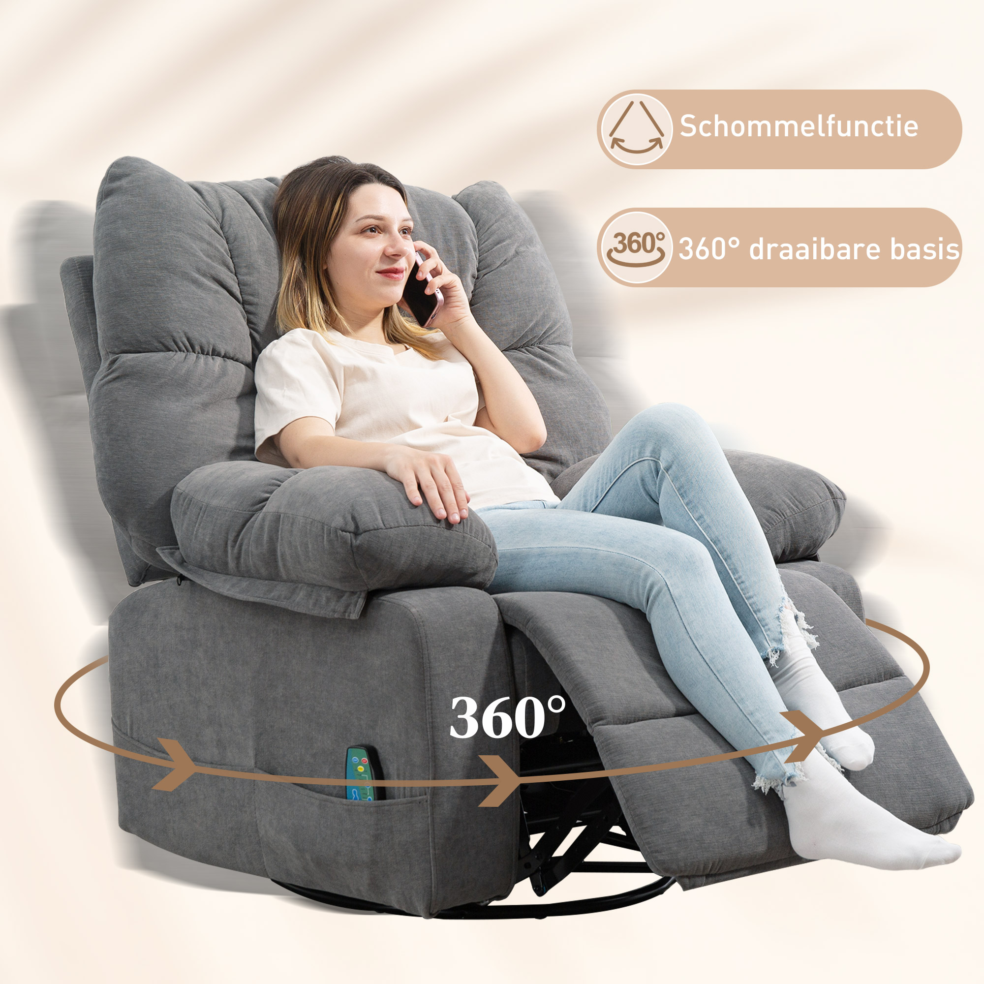 Relaxstoel met Massage- en Ligfunctie, Draaibare Massagestoel, 4 zijzakken en Afstandsbediening, Donkergrijs