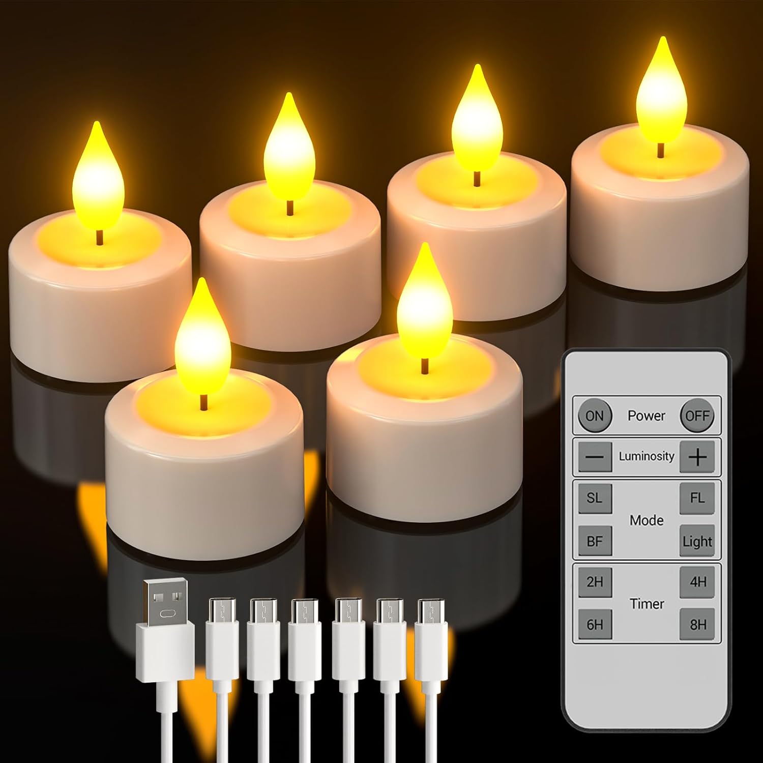 SoulBay 6 pezzi Tea Light Candele LED con Telecomando, Candele Finte LED Batteria USB Ricaricabili Elettriche Effetto Reale con Timer, Natalizie Decorative Luci per Halloween Casa Natale Decorazioni