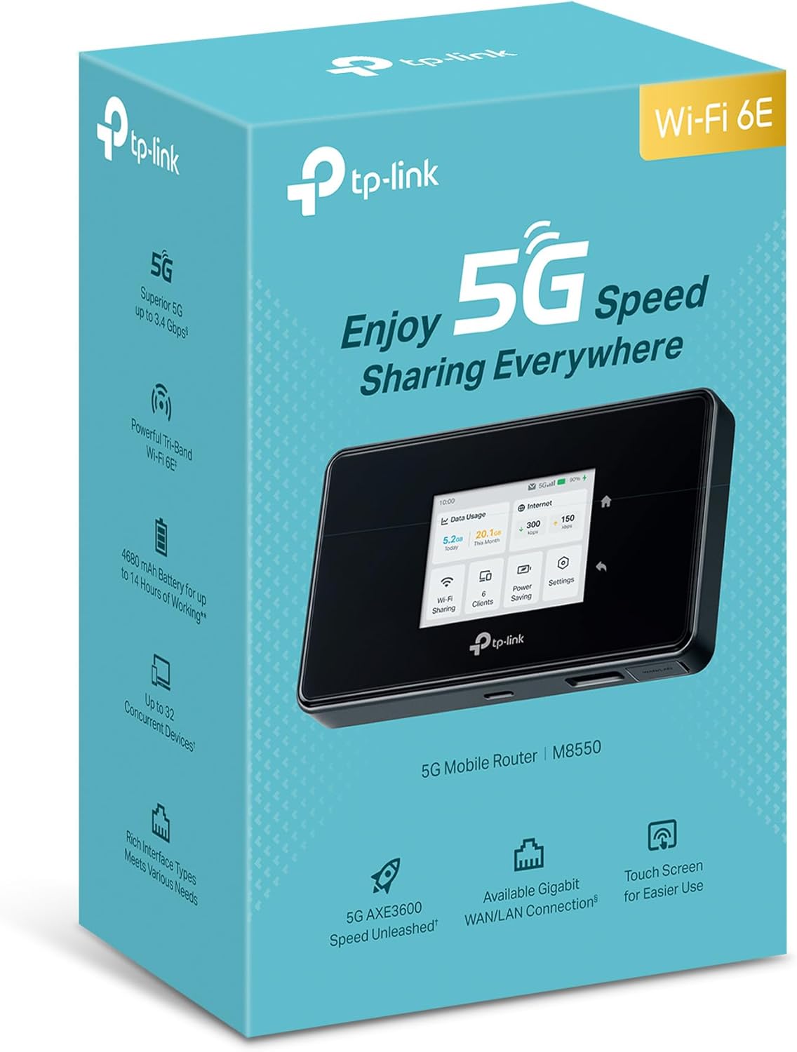 TP-Link M8550 5G LTE Mobiler WLAN Router – Bis zu 3,4 Gbit/s, Tri-Band Wi-Fi 6E, Nano-SIM-Karten Slot, Gigabit WAN/LAN, 4680 mAh Akku, Touchscreen, Wireguard, bis zu 32 Geräte