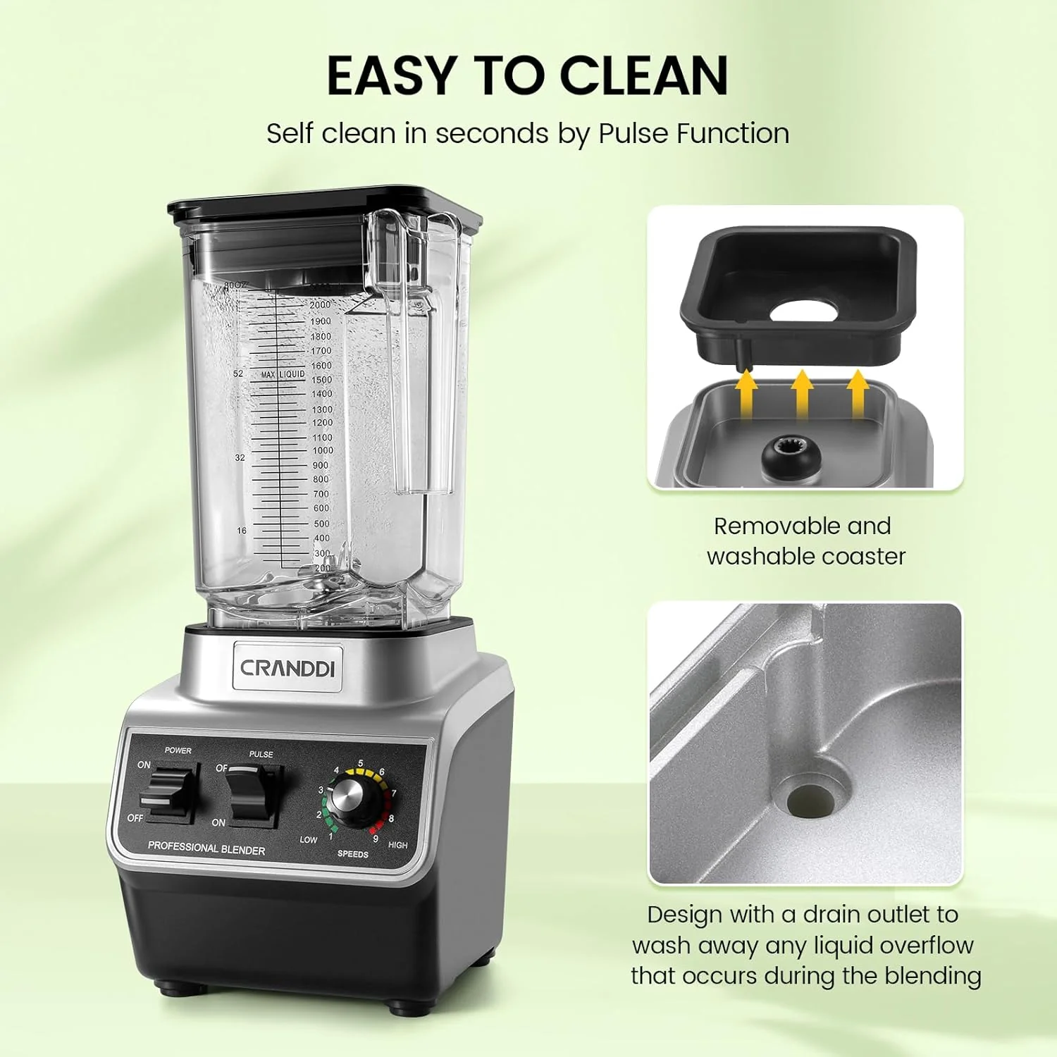 CRANDDI Professional Commercial Blender, Max 1500W, 80oz Pitcher, Powerful Blender