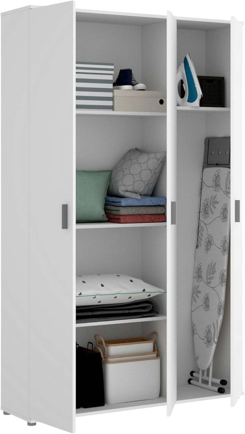 Dmora Sillano Large Multi-Purpose Wardrobe 35 x 190 h cm White 4 Shelves for Broom Holder, Opening Hinged