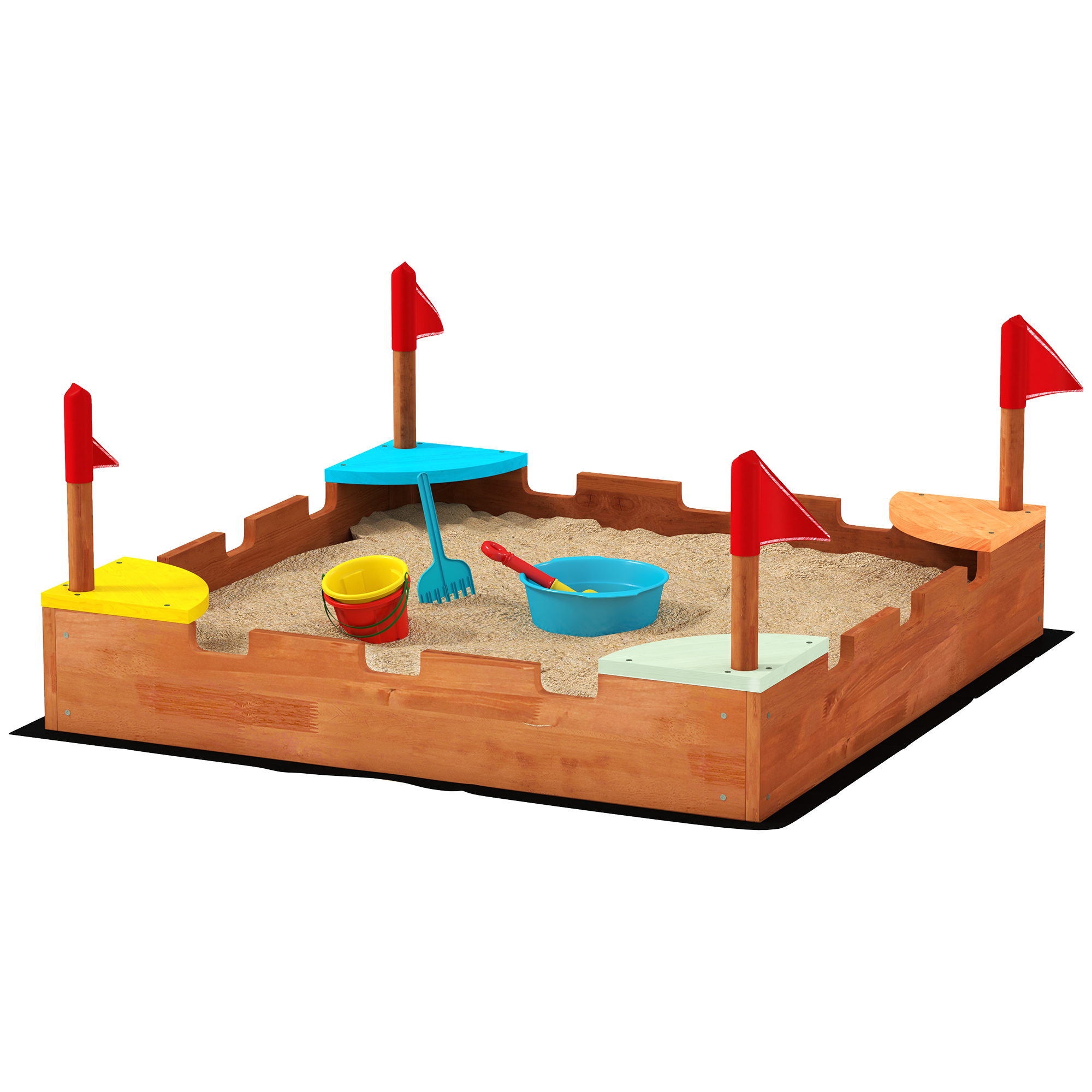 AIYAPLAY Sandkasten für Kinder 3-7 Jahre in Form eines Schlosses aus Fichtenholz, 90x90x17 cm, Mehrfarbig