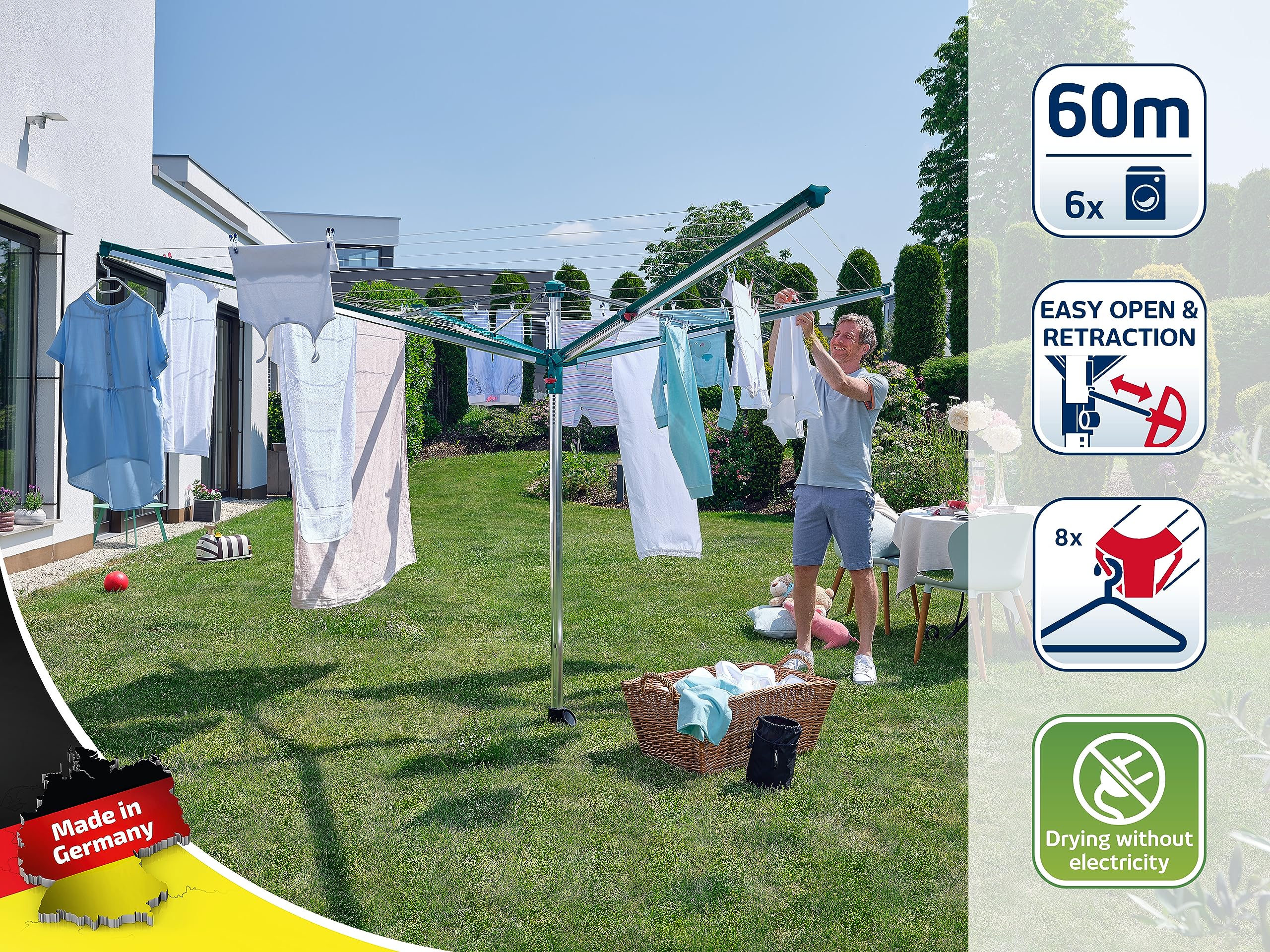 Leifheit Wäschespinne Linomatic 600 Deluxe Wäscheschirm mit 60 m Leinenlänge ideal für Garten und Balkon