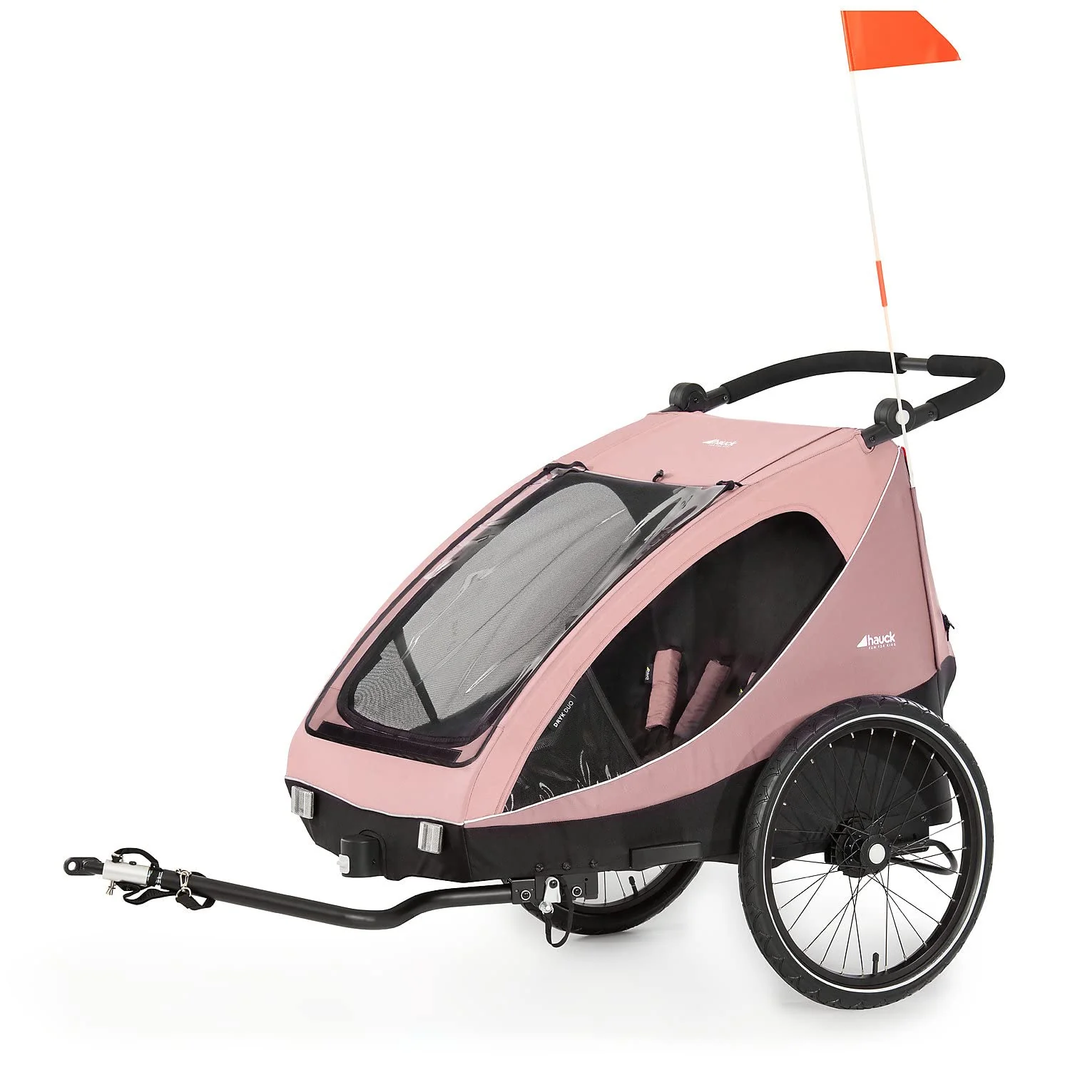 hauck Fahrradanh?nger & Kinderwagen Dryk Duo Plus mit Federung, f��r 2 Kinder (6-48 Monate), inkl. Deichsel, Buggyrad, Fahne und LED Licht, Faltbar, H?henverstellbar, XL Kofferaum (Dark Green)