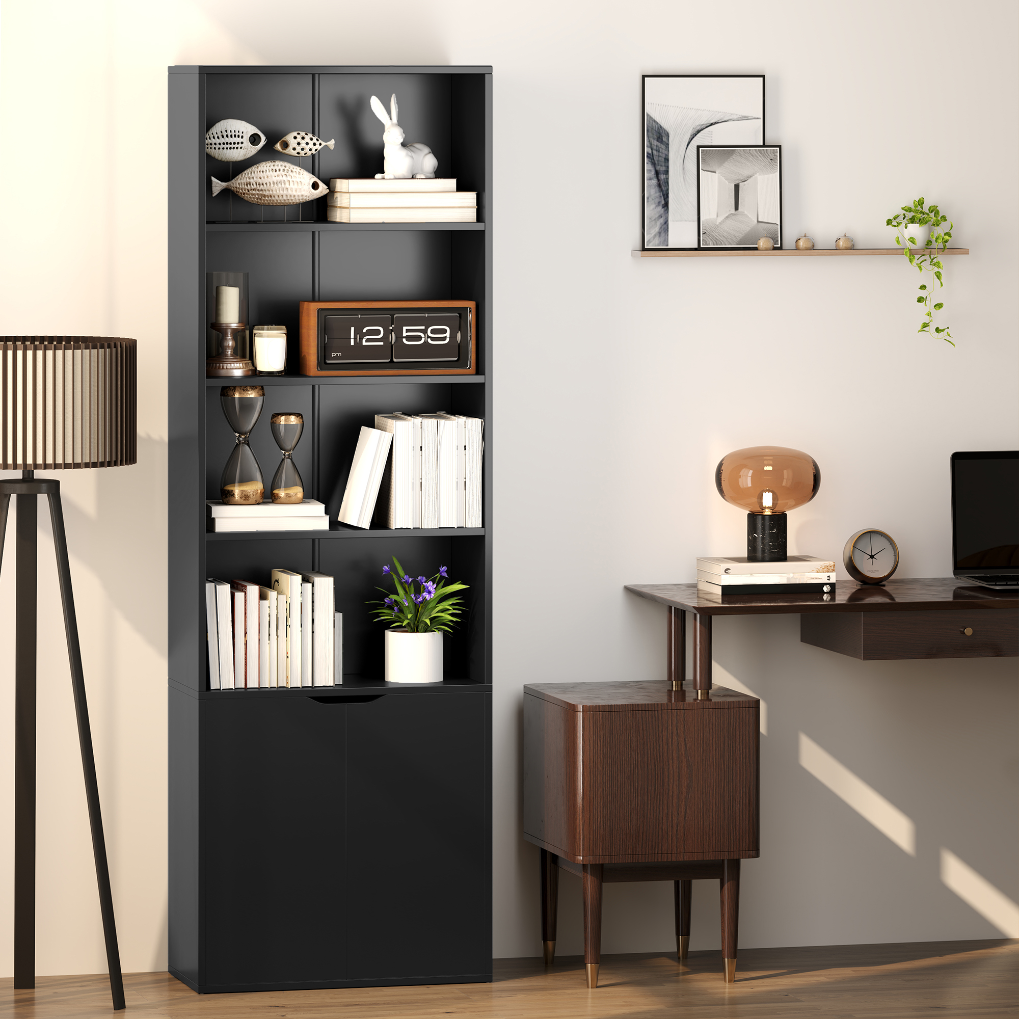 HOMCOM Bücherregal Bücherschrank mit 4 offenen Fächern und 2 Türen für Wohnzimmer und Büro 59x29x180 cm Schwarz