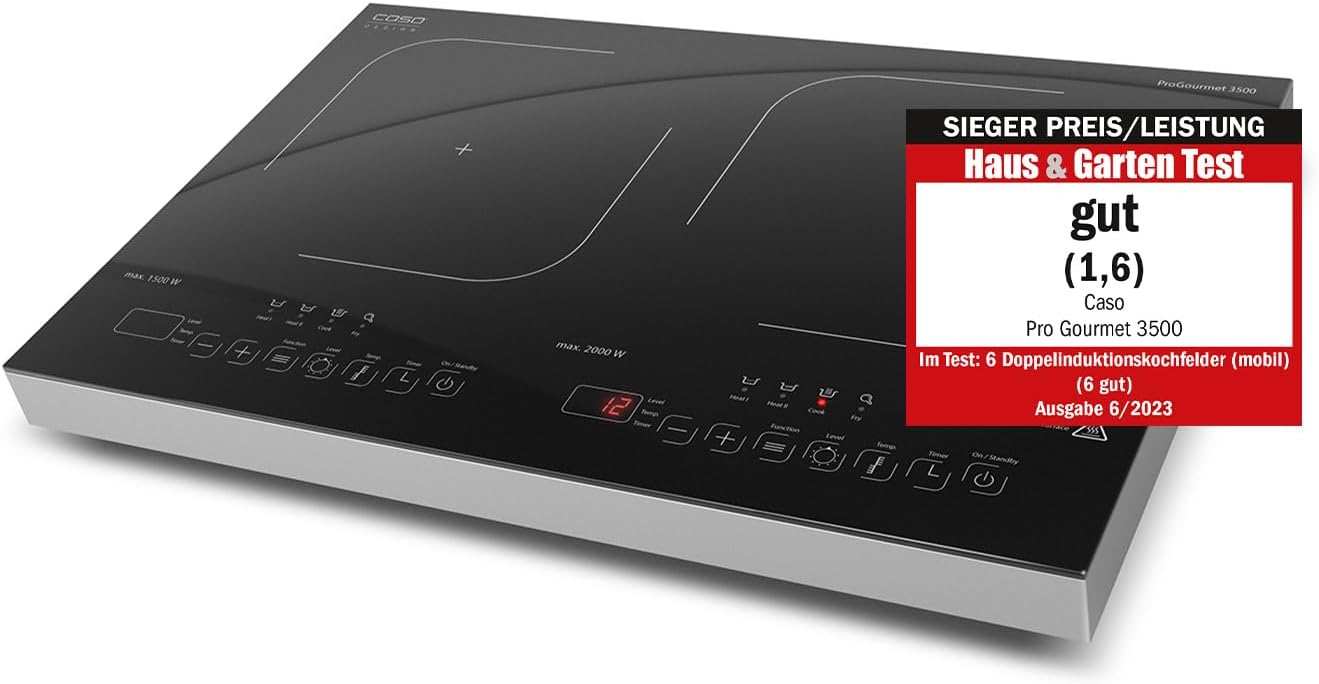 CASO ProGourmet 3500 - Piastra a induzione doppia mobile, 3500 W Powersharing, 60-240 °C, 4 funzioni, timer 180 min, pentole fino a 24 cm, vetro ceramica