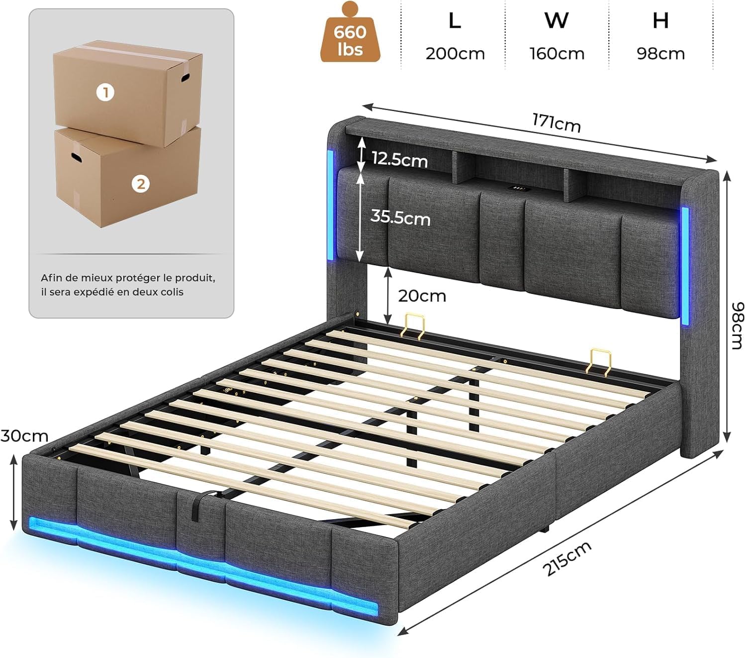 AOGLLATI Letto Matrimoniale con Contenitore 160x200 cm, Struttura Letto Matrimoniale con Illuminazione a LED e Stazione di Ricarica, Letto Imbottito con Testiera e Sollevamento Idraulico, Grigio Scuro