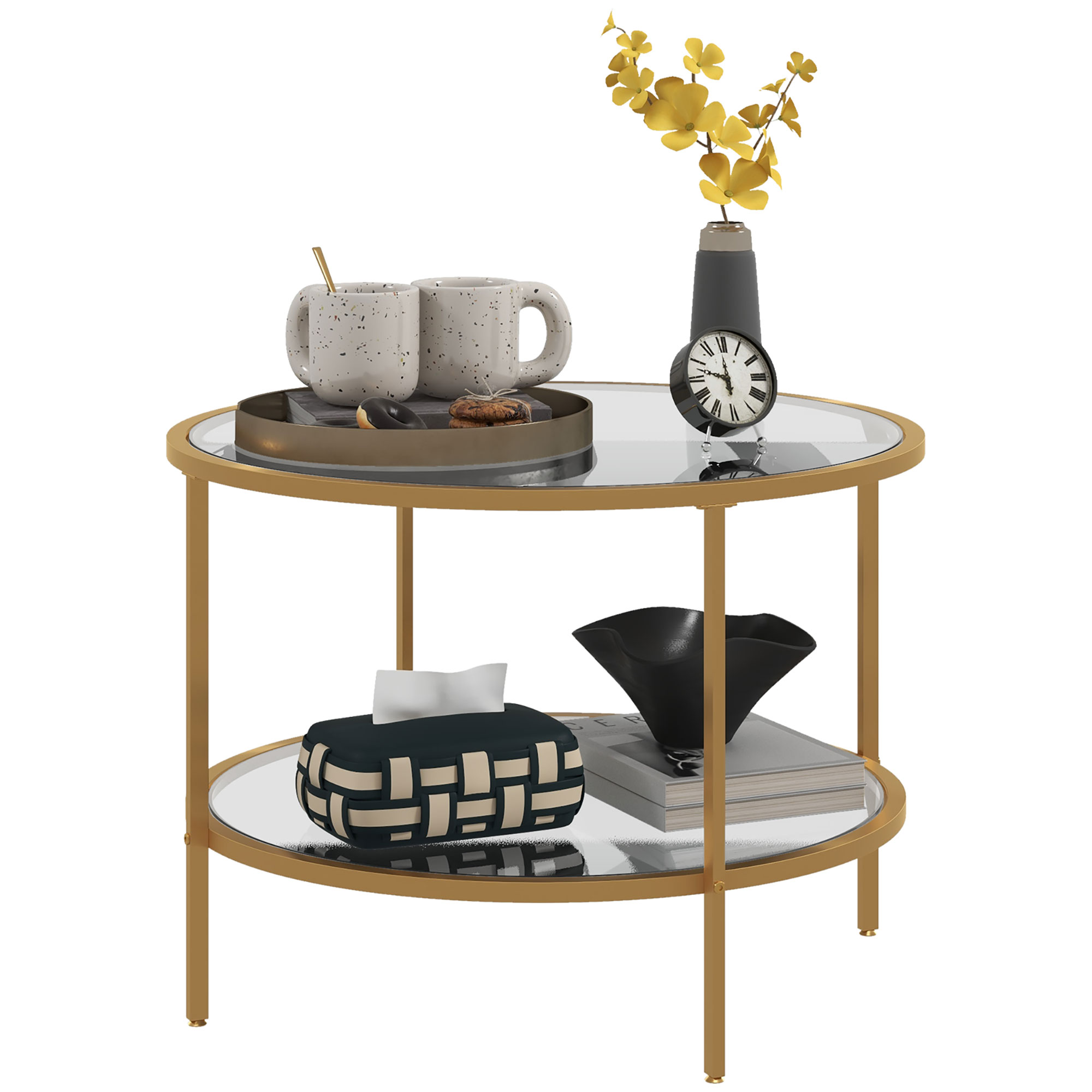 HOMCOM Beistelltisch, modernes Design, 2 Etagen, Ø60x43H cm, Goldton