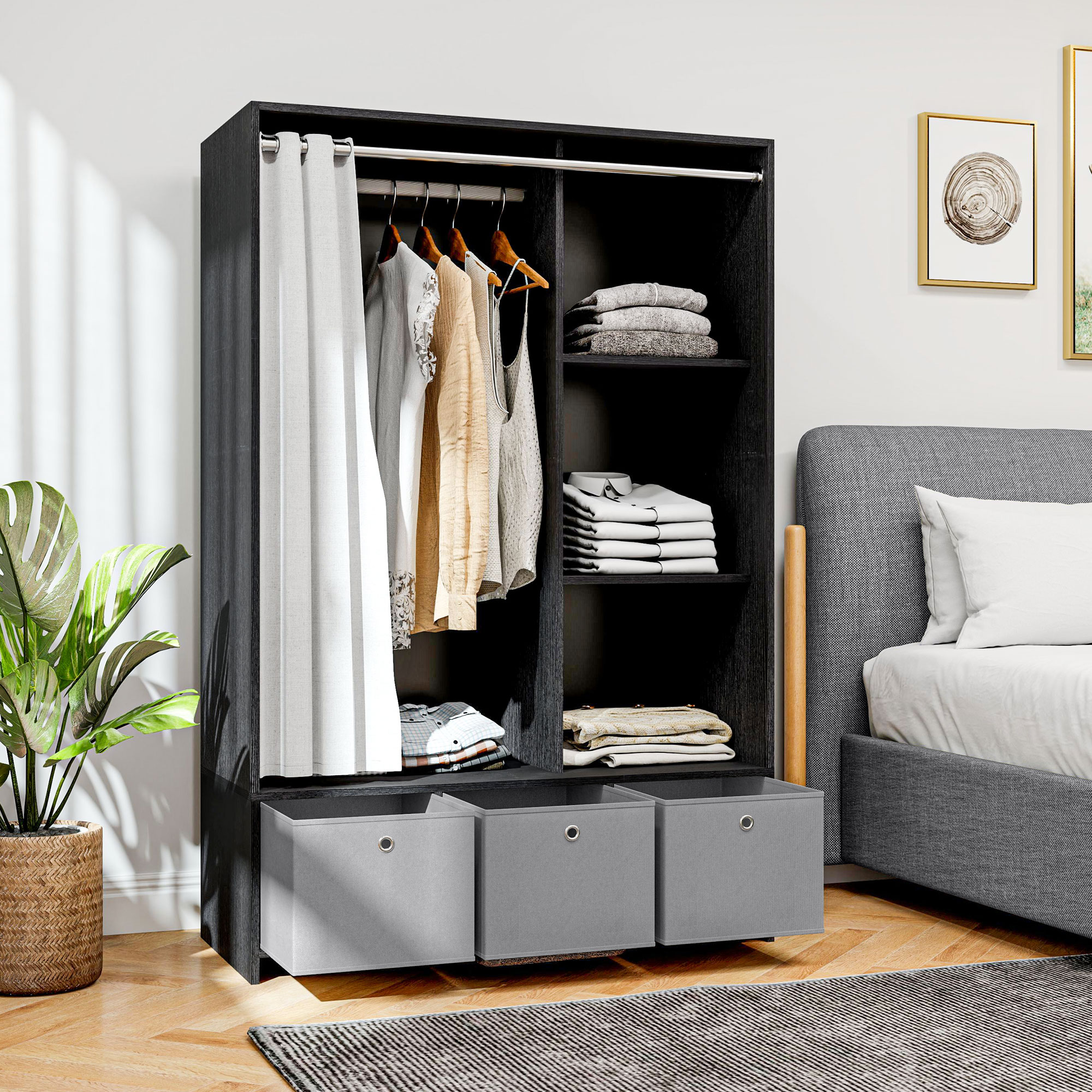 HOMCOM Kleiderschrank Kleiderschrank mit Stange Vorhang 3 Fächern und 3 herausnehmbaren Stoffschubladen 105 x 48 x 160 cm