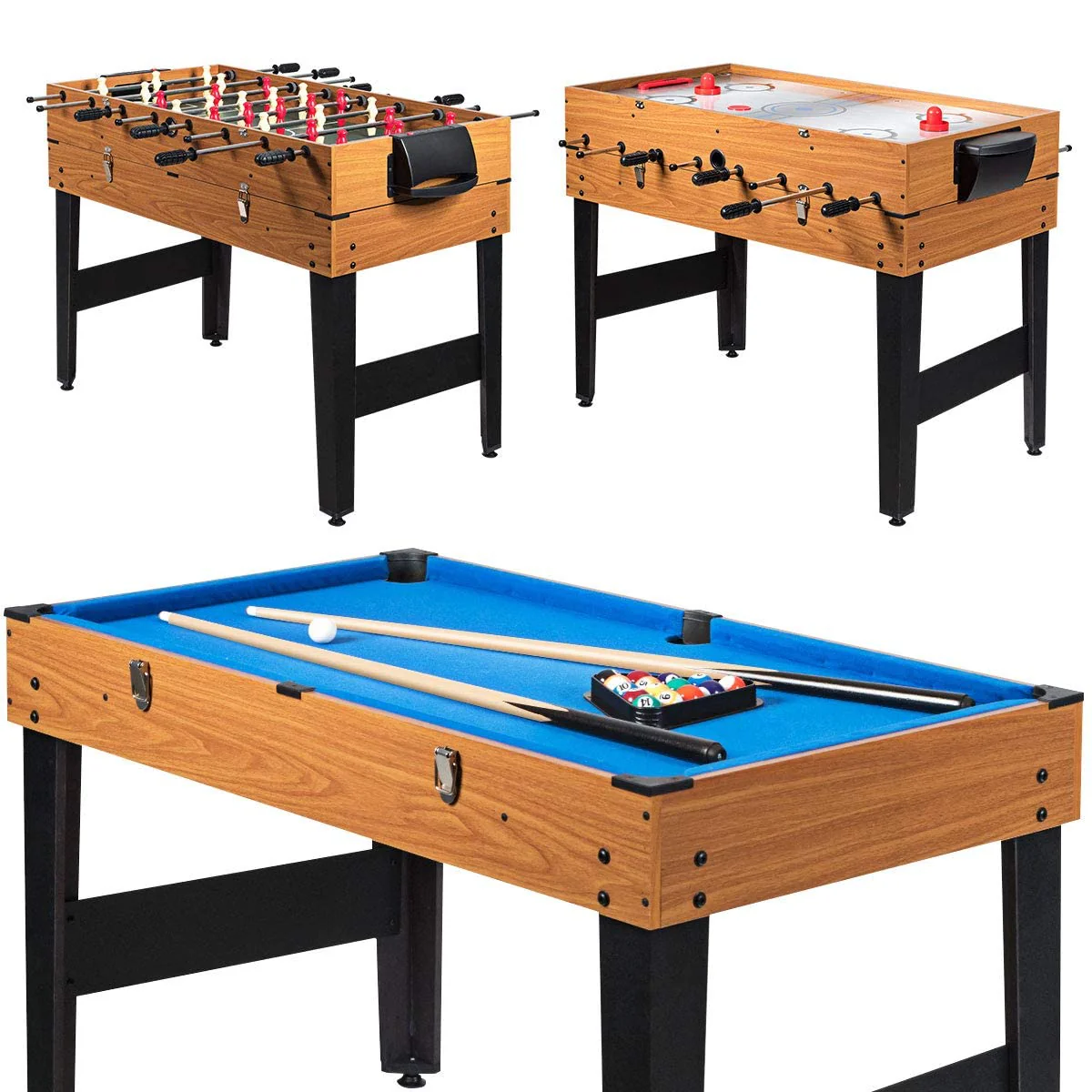 48" 3 in 1 Combo Game Table with Soccer, Billiard, Slide Hockey, Wood Multi Game Table Foosball Table for Game Room