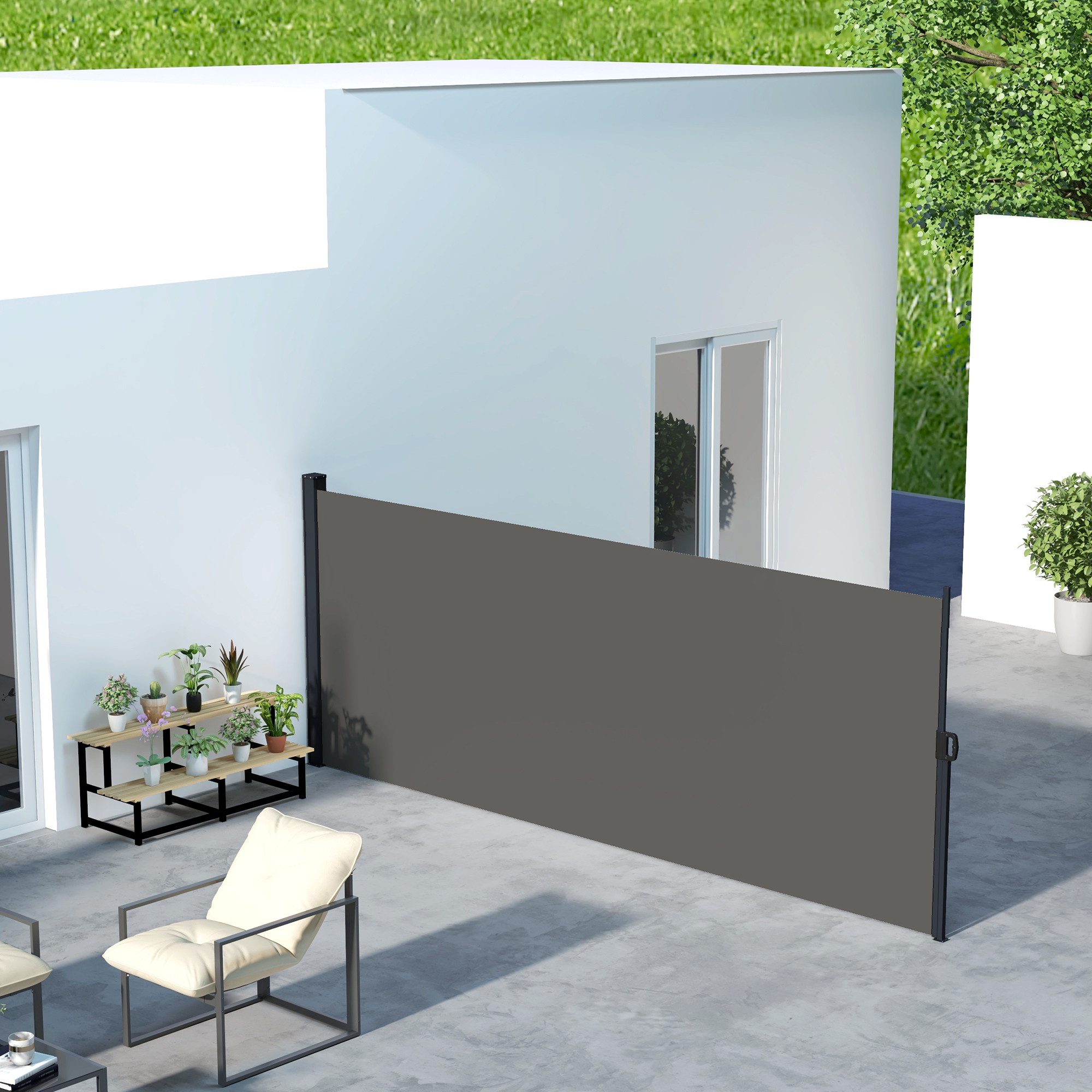 Outsunny Seitlicher ausziehbarer Windschutz Sichtschutz Paravent 4m x 1,60m Alu. Polyester UV-beständig Dunkelgrau