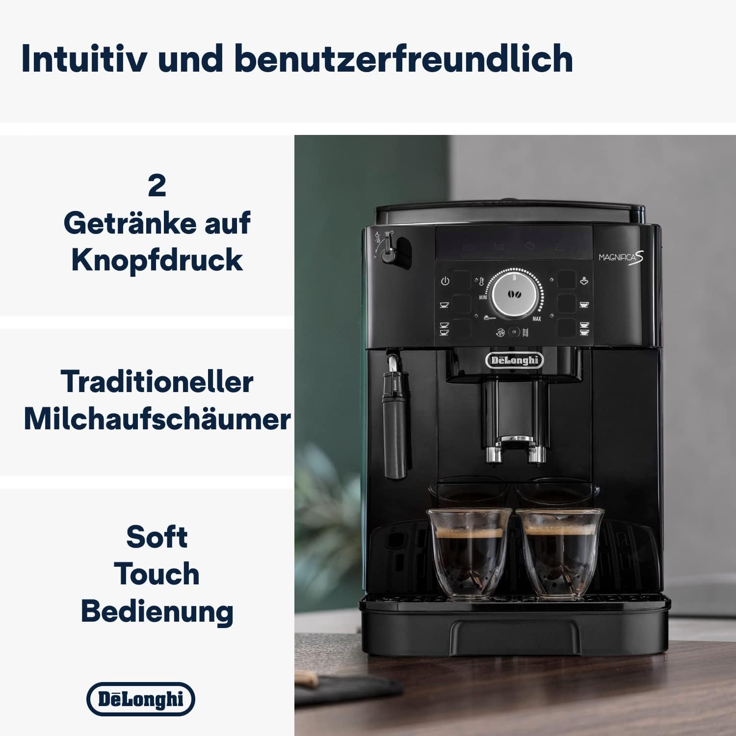 De'Longhi Magnifica Start ECAM222.60.BG, Kaffeevollautomat mit LatteCrema-Milchsystem für Automatischen Cappuccino, 4-Direktwahl-Tasten, Soft-Touch-Bedienfeld, x2-Funktion, 1450W, Schwarz/Grau