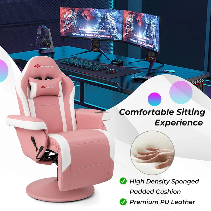 Ergonomic Gaming Recliner Chair with Massage, Retractable Footrest & Cup Holder, Height Adjustable Racing Style Swivel Video Game Chair