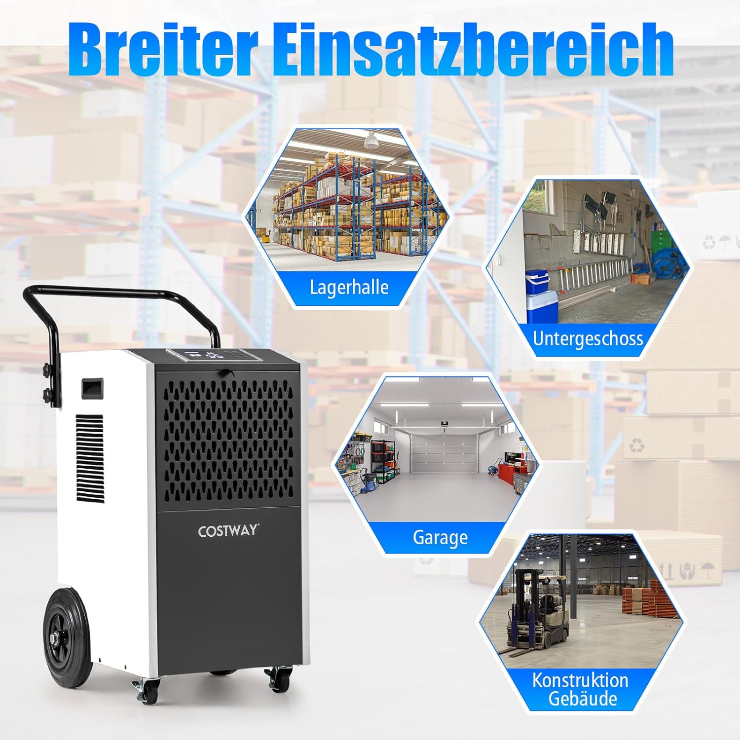 COSTWAY 73 L/Tag kommerzieller Luftentfeuchter, industrieller Bautrockner mit Ablaufschlauch & 24H Timer, tragbarer Entfeuchtungsgerät mit Rollen für Keller, Lager, Baustelle bis zu 695m³ (Weiß)