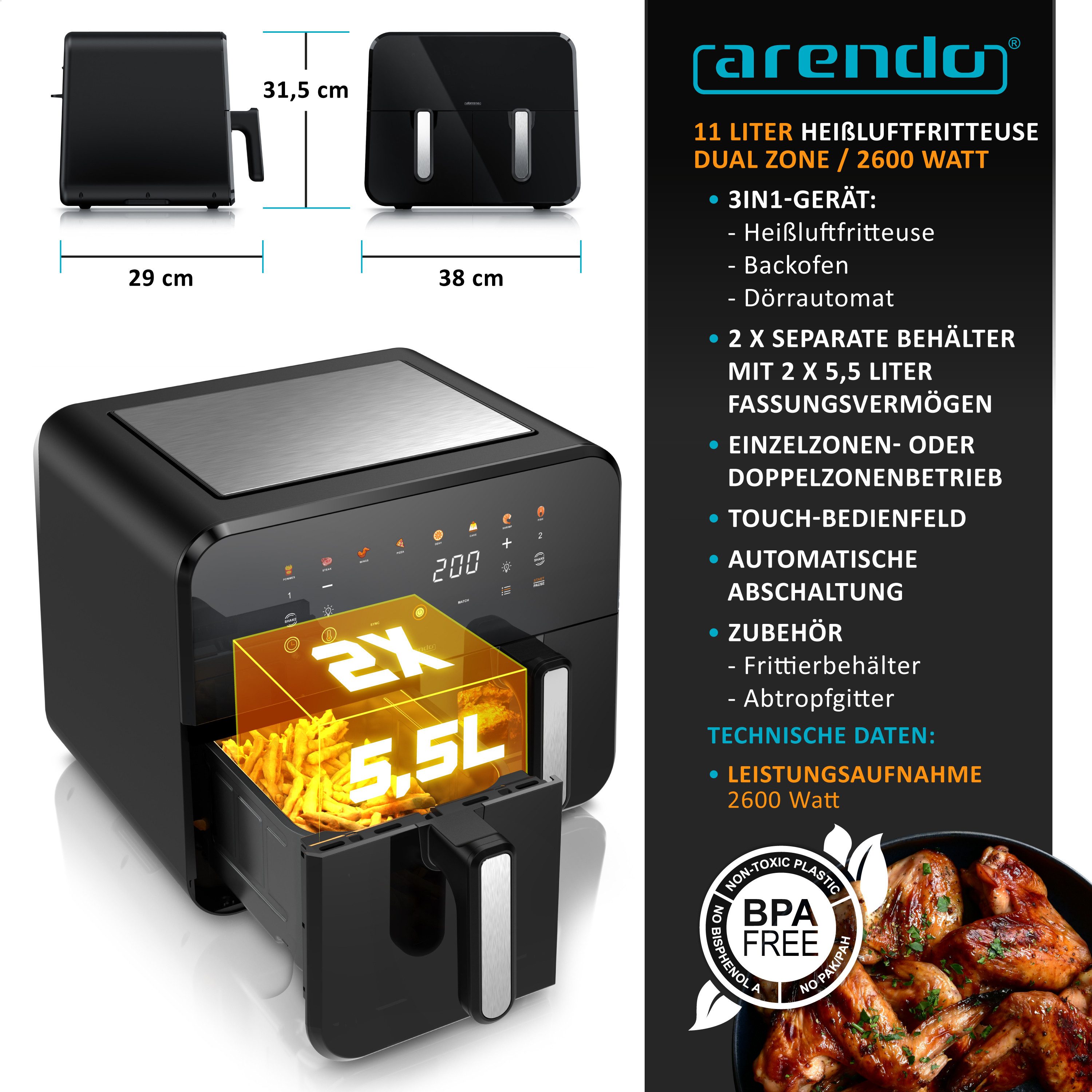 Heißluftfritteuse mit 2 Kammern Nebeneinander, XXL Doppelkammer Airfryer 11L, Dual Zone