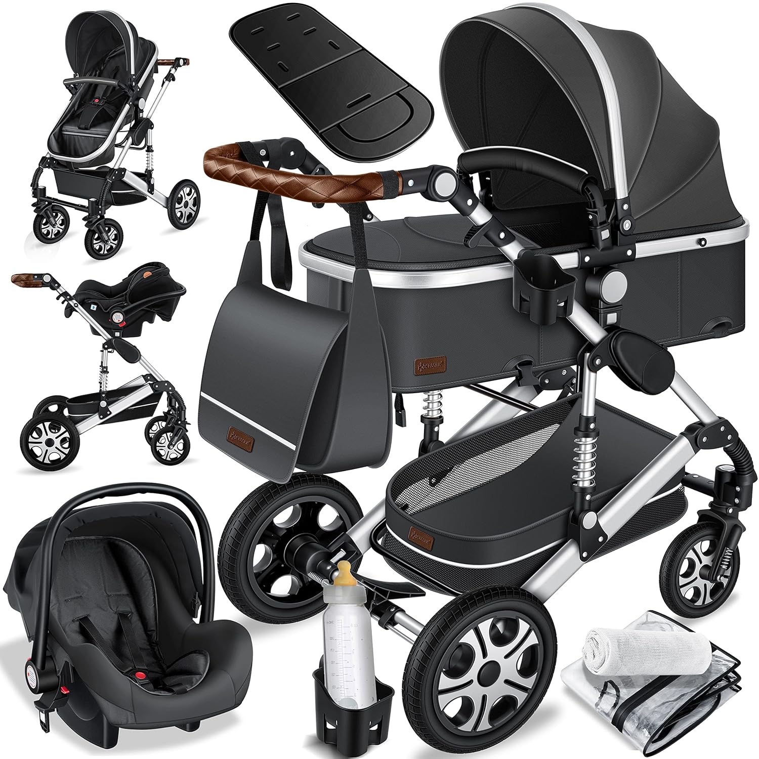 KESSER® Loops 3 in 1 Kinderwagen Kombikinderwagen Komplett-Set inkl. Babywanne & Buggy Sportsitz & Auto-Babyschale Voll-Gummireifen Wickeltasche Regenschutz Kindertisch ECE R129, Schwarz/Schwarz