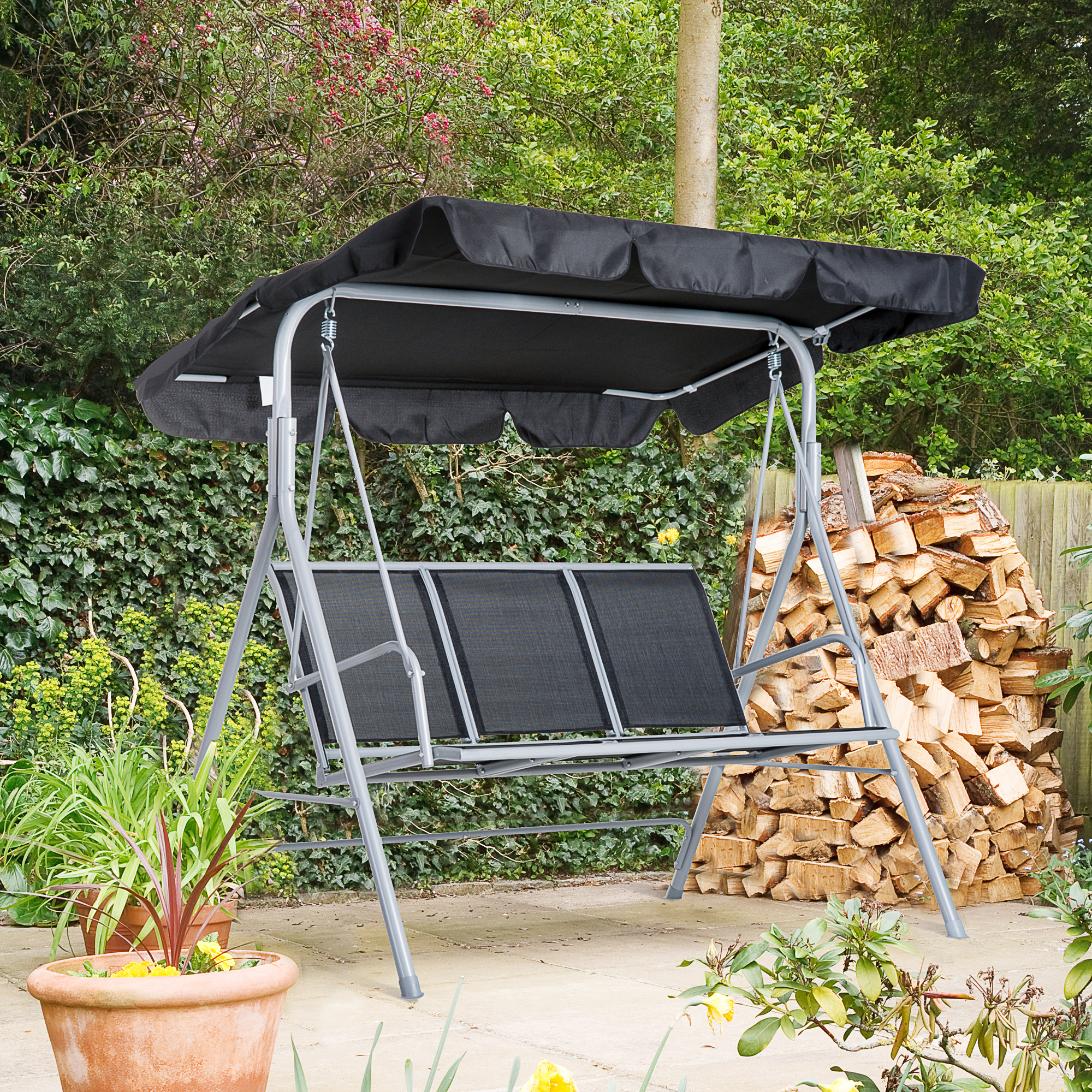 Outsunny Hollywoodschaukel mit verstellbarem Sonnendach, 3-Sitzer Gartenschaukel mit Anti-Rutsch-Füßen, Schaukelbank belastbar bis 240 kg, Gartenliege für Garten, Terasse, 170x110x153cm, Grau+Schwarz