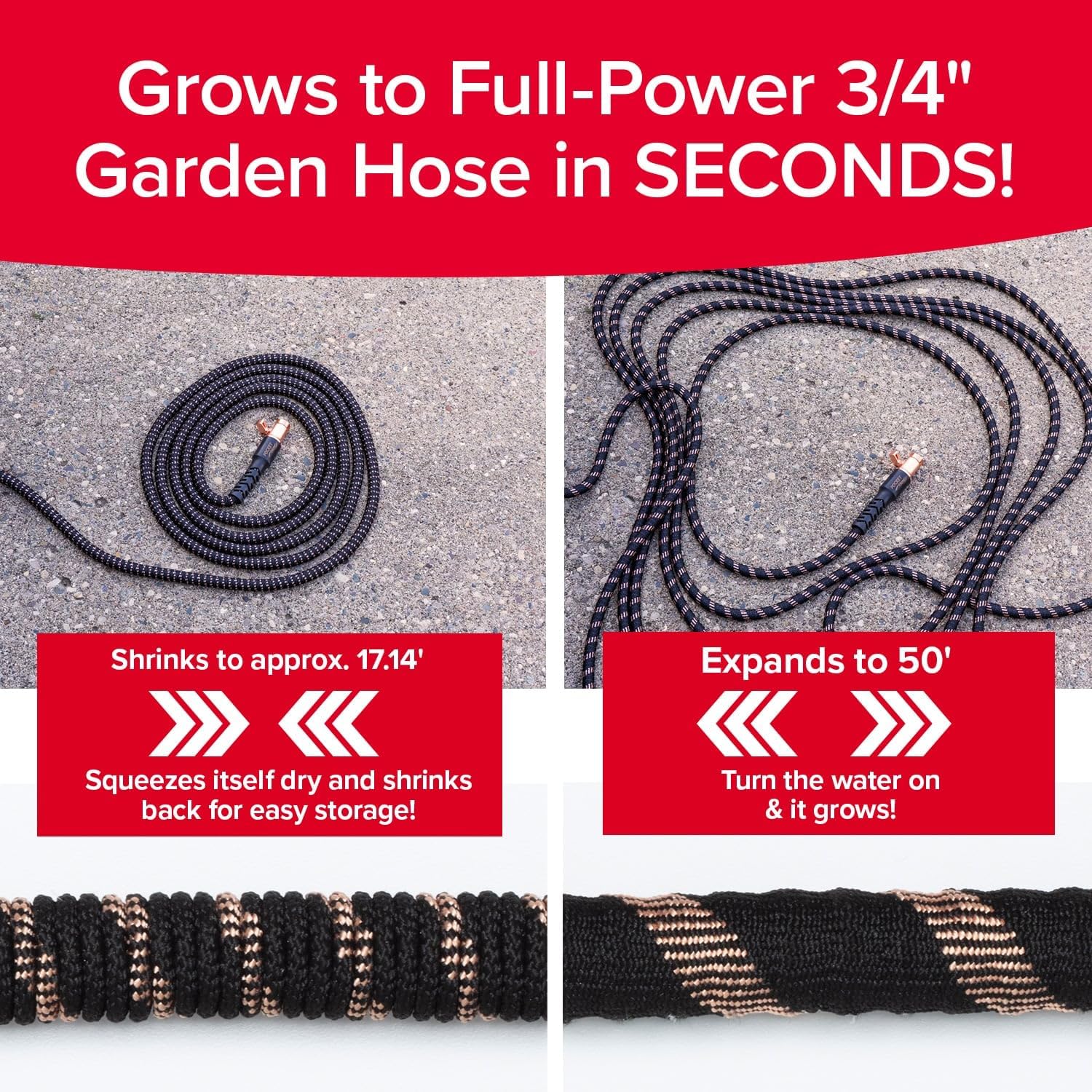 Pocket Hose Copper Bullet 50FT Expandable Garden Hose with 10 Pattern Nozzle, Lead Free, No Kink, Ultra Lightweight, 3/4&prime;&prime; Copper Fittings