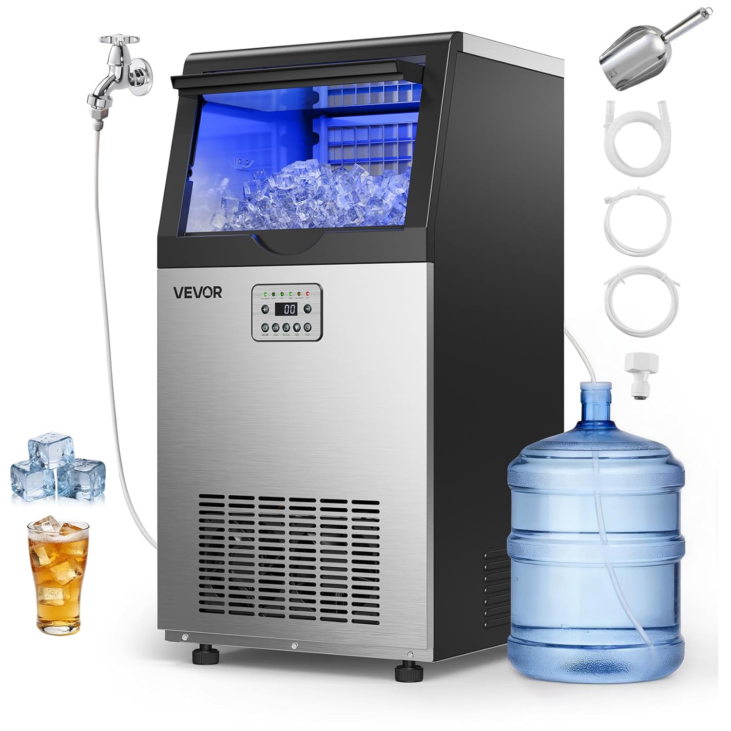 VEVOR Kommerzielle Eismaschine 54 kg/Tag, Eiswürfelbereiter mit 14 kg Eisvorratskapazität, Eiswürfelmaschine aus Edelstahl mit LED-Anzeige und Selbstreinigung, Ideal für Restaurant, Cafe und Bar