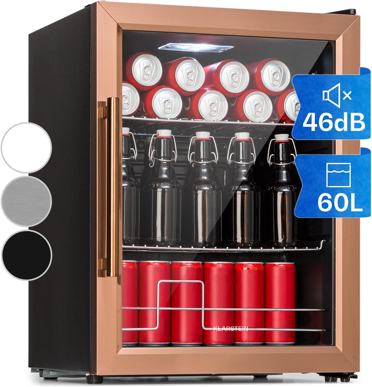 Klarstein Mini Koelkast met Glazen Deur voor Kamer, Drankenkoelkast met Verstelbare Planken, Klein 80 Liter, Indoor/Outdoor Koelkast Stil