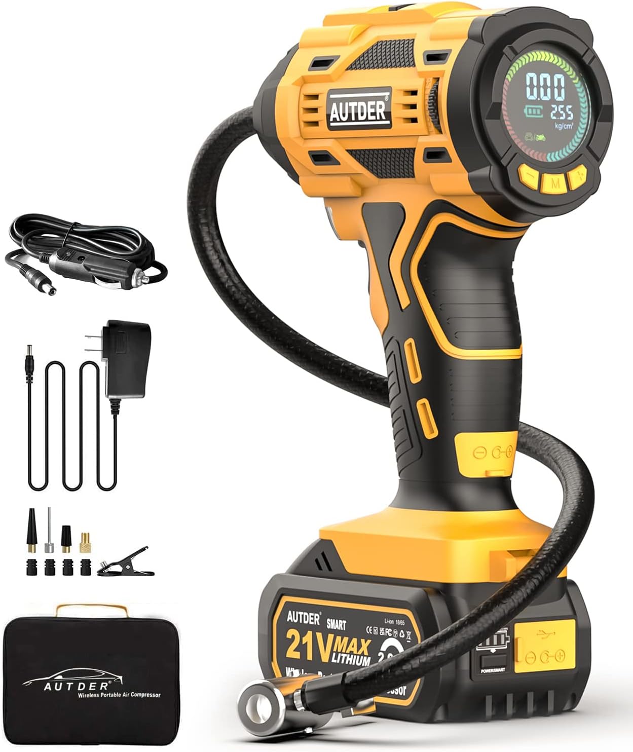 AUTDER Portable Wireless Air Compressor 180 PSI, Tyre Inflator for Car, Motorcycle and Bicycle with LCD Pressure Gauge, LED Light, 21 V Rechargeable Battery and 12 V DC Power Supply – Yellow