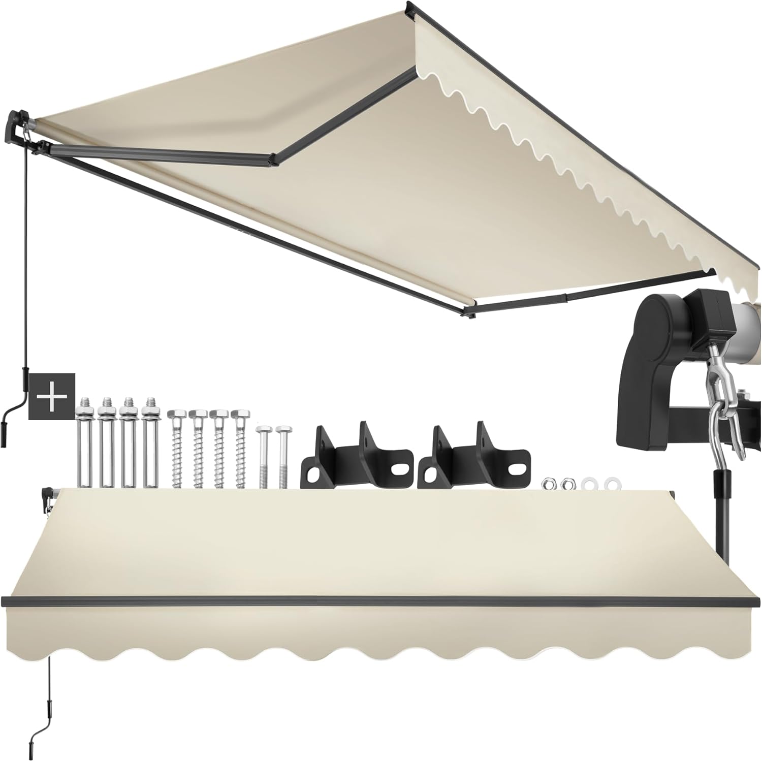 tectake®, Outdoor Awning with Extendable Arms, Roller Blind, Crank, Waterproof, UV Protection, Polyester Fabric, Aluminium Frame, Porch, Balcony, Terrace - 300 x 250 cm Beige