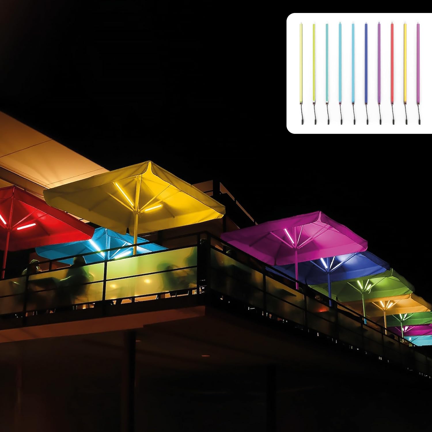 Lume1 Sonnenschirmbeleuchtung mit Fernbedienung, Sonnenschirmleuchter, Lampen für Garten, 4 LED warmweiß Leisten mit 1000 Lumen für angenehme Beleuchtung, Akku enthalten (Smart 4er)