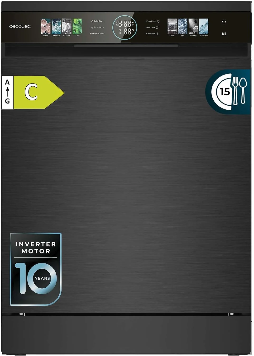 Cecotec Geschirrspüler, 1850 W, 60 cm, Schwarz, Kompakte Spülmaschine Bolero Aguazero 6620 Dark C, 15 Gedecke, 8 Programme