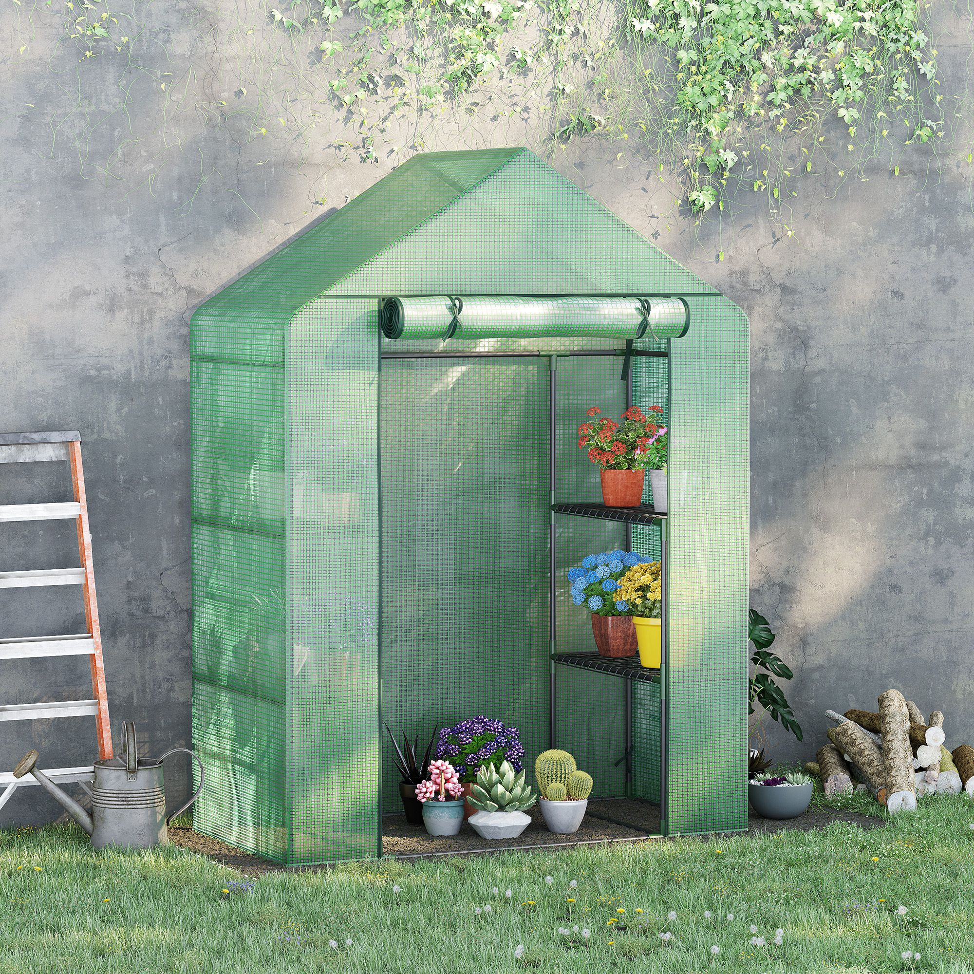 Outsunny Foliengewächshaus Gewächshaus mit 6 Regalebenen begehbares Gartenhäuschen Treibhaus Tomatenhaus Pflanzenhaus mit aufrollbarem Eingang Frühbeet Grün 141 x 72 x 191 cm