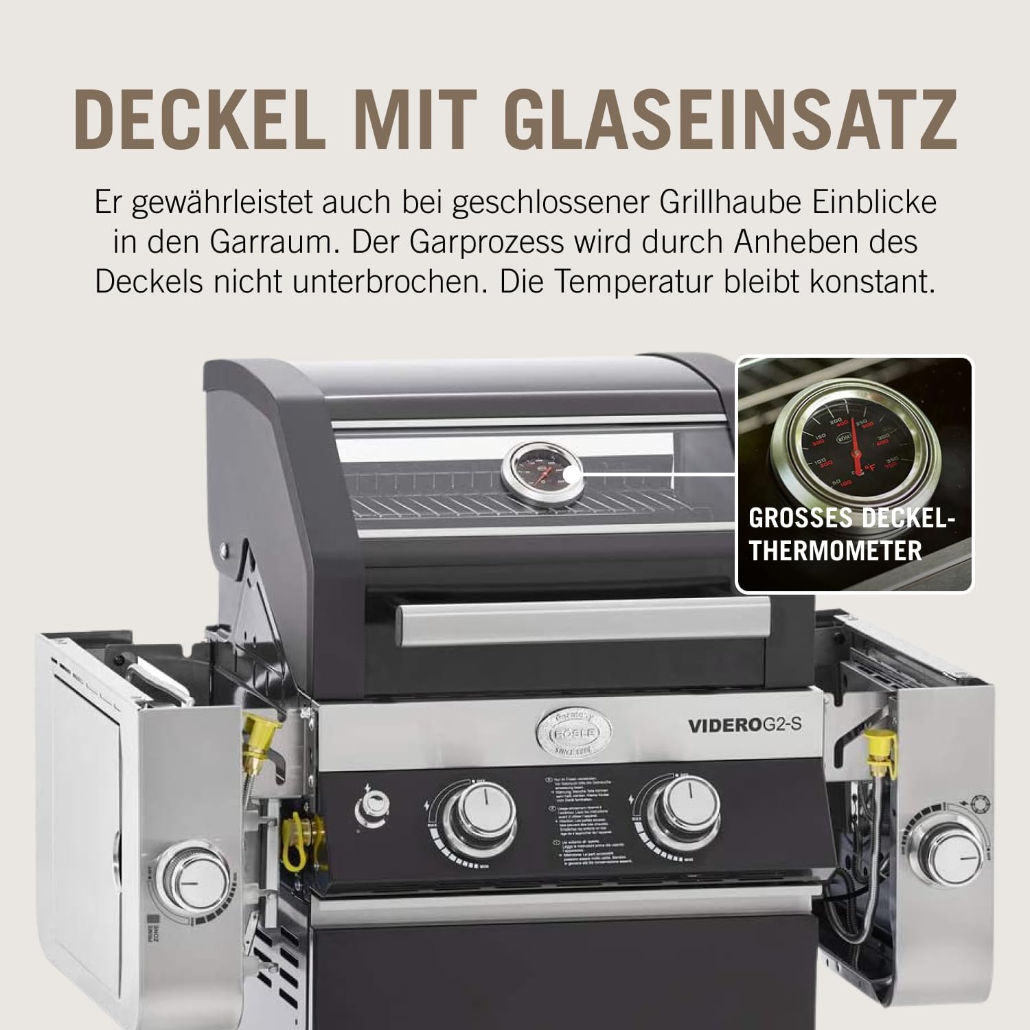 RÖSLE Elektrogrill BBQ-Portable Videro E2-P, tragbarer Tischgrill mit 2 Brennern, Warmhalterost und Deckel mit Glaseinsatz, pulverbeschichteter Stahl, schwarz/silbern