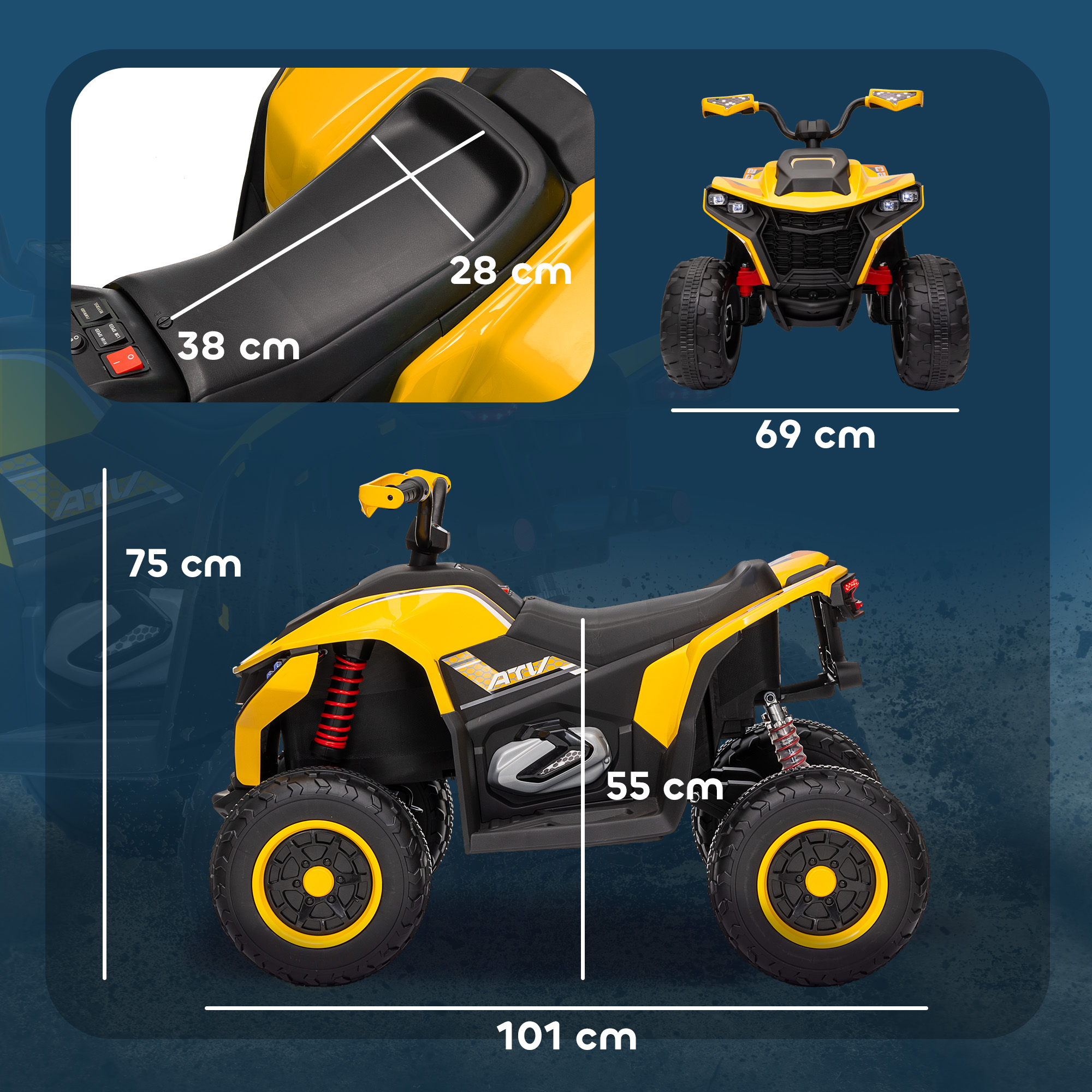 AIYAPLAY Elektrische Kinderquad, 3-6 km/u, LED-licht, Muziek, USB, 3-8 Jaar, Geel