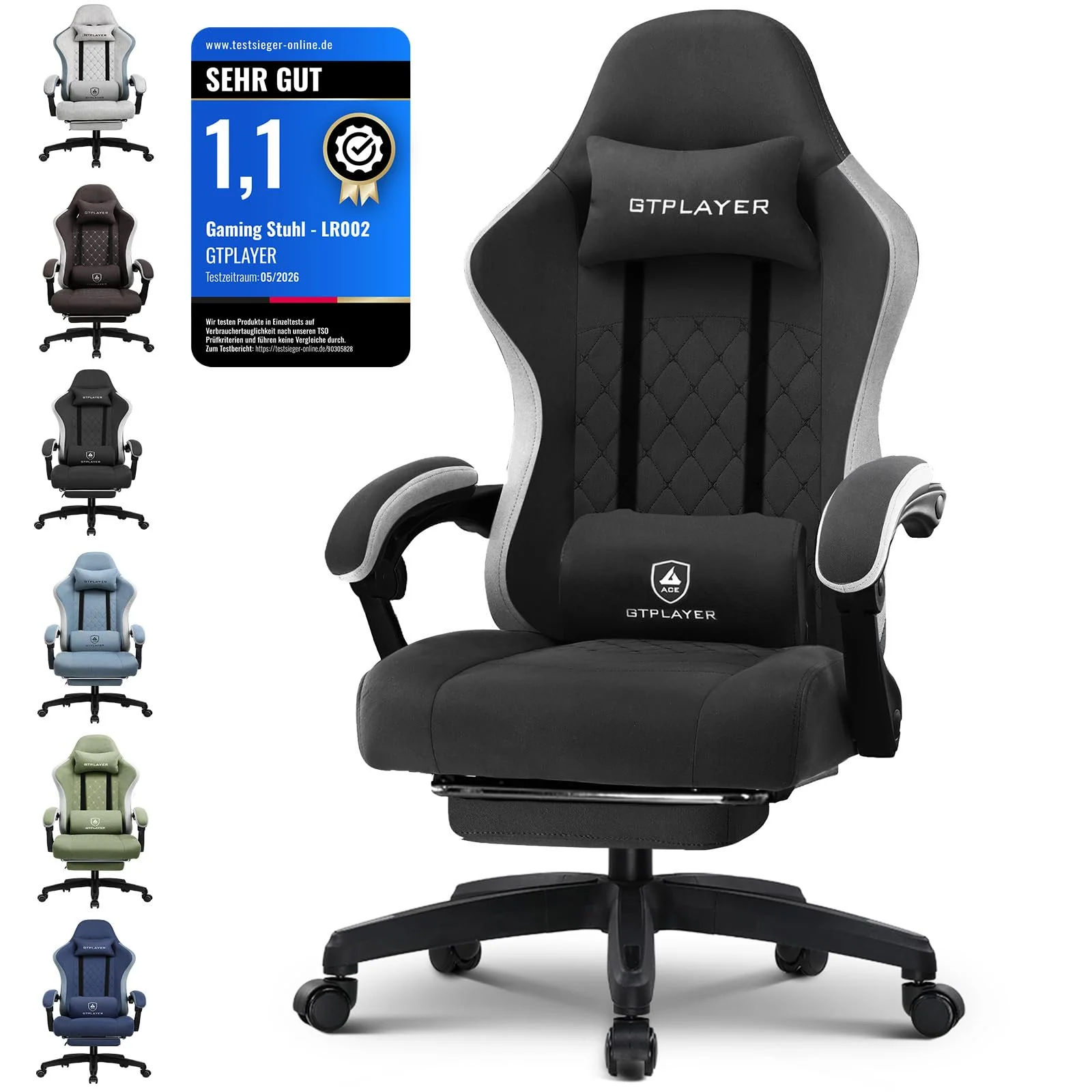 GTPLAYER Gamingstuhl mit Taschenfeder-Sitzkissen, Fußstütze und verstellbarer Rückenlehne