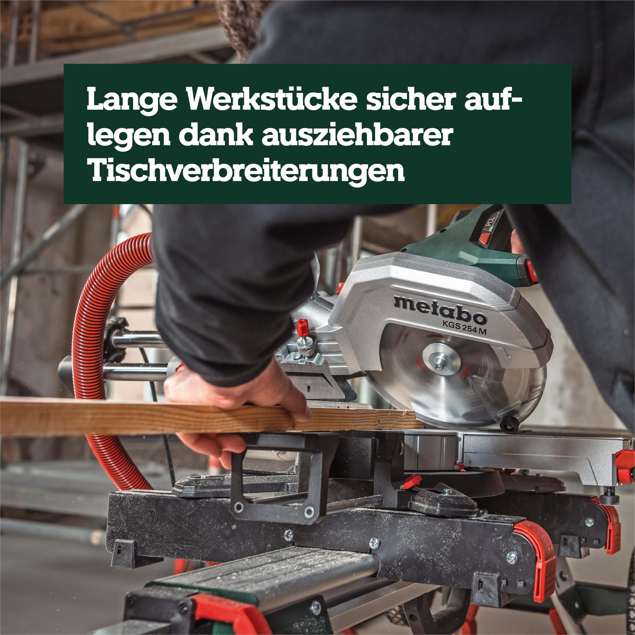 Kapp- und Gehrungssäge KGS 254 M mit Zugfunktion LED-Schnittlinienanzeige Hartmetall-Sägeblatt Tischverbreiterungen und 2. Sägeblatt
