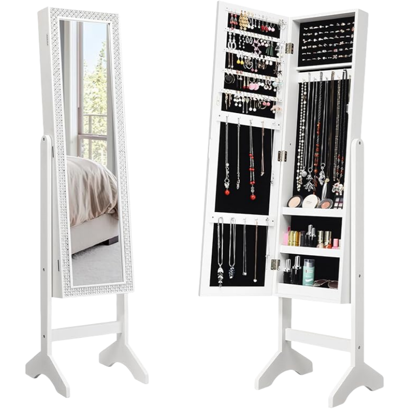 Armadio per Gioielli, Armadietto Portagioie con Specchio a Figura Intera, Organizer Spazioso per Gioielli, per Camera da Letto e Salotto, 35,5 x 33 x 153 cm (Bianco)