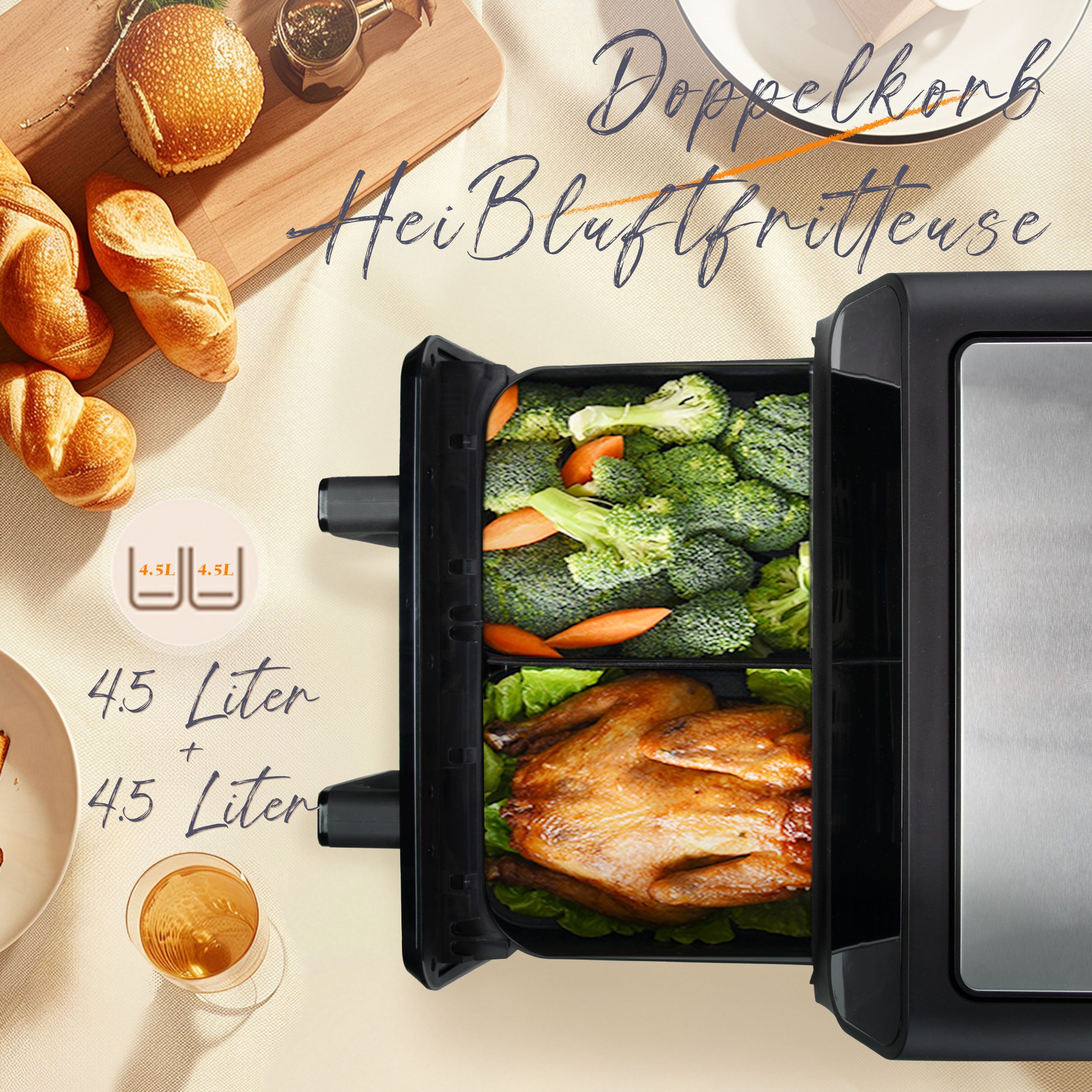 Heißluftfritteuse 9 L Doppelkammer Airfryer – 2200 W starke Leistung, Sichtfenster