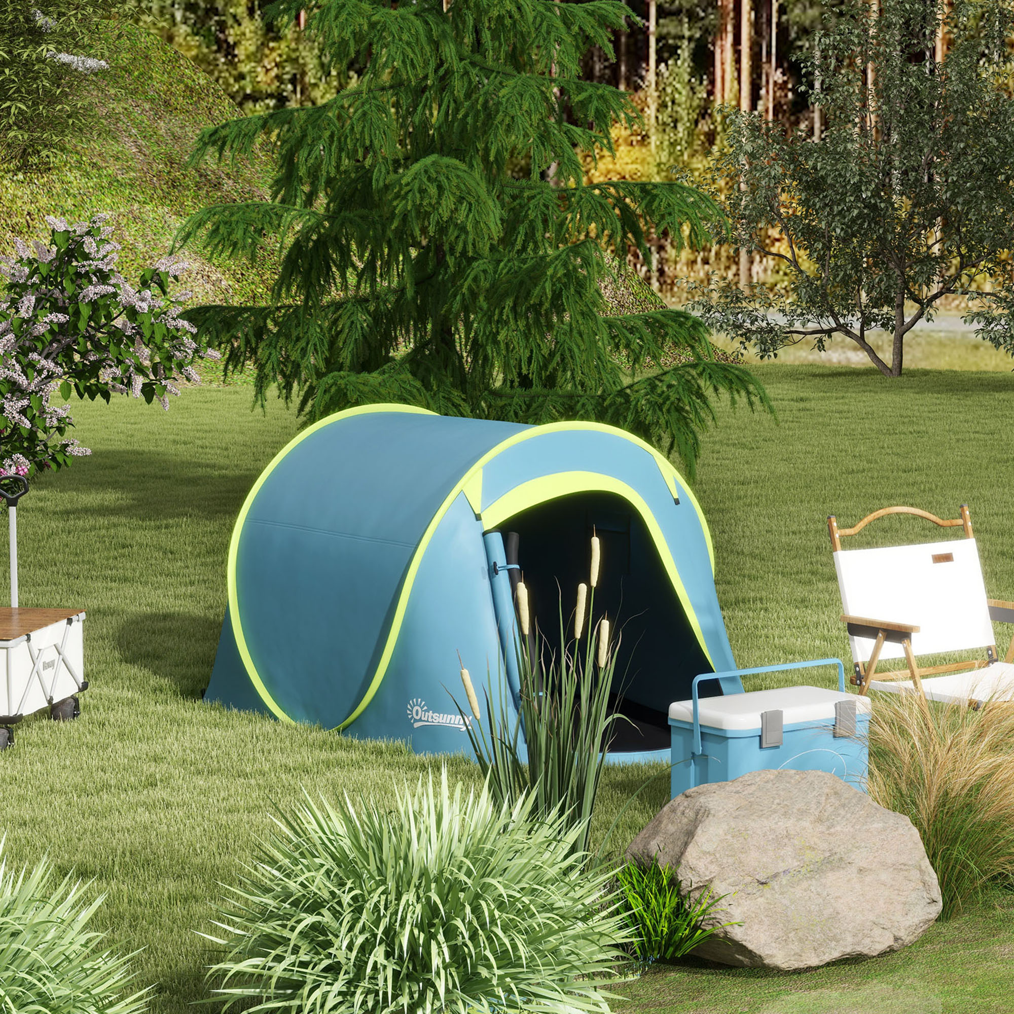 Outsunny Campingzelt für 2-3 Personen wasserdicht 2000 mm mit Tragetasche für Wanderungen 245x148x105 cm Blau