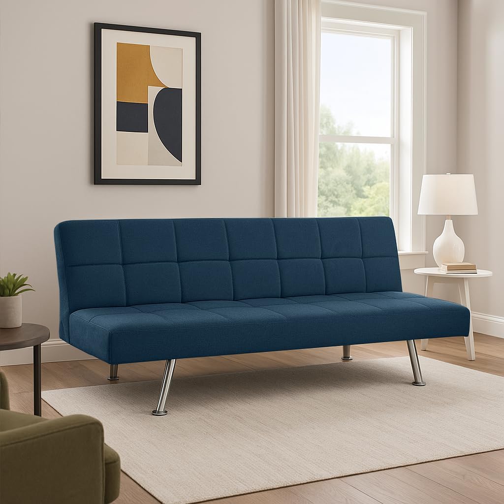 EVERGREENWEB - Divano Letto Clic Clac 3 Posti in Tessuto Imbottito colore Blu, Design Moderno, Schienale Reclinabile e Trasformabile in Comodo Letto con Materasso in Foam, Gambe Cromate, BRIGITTE