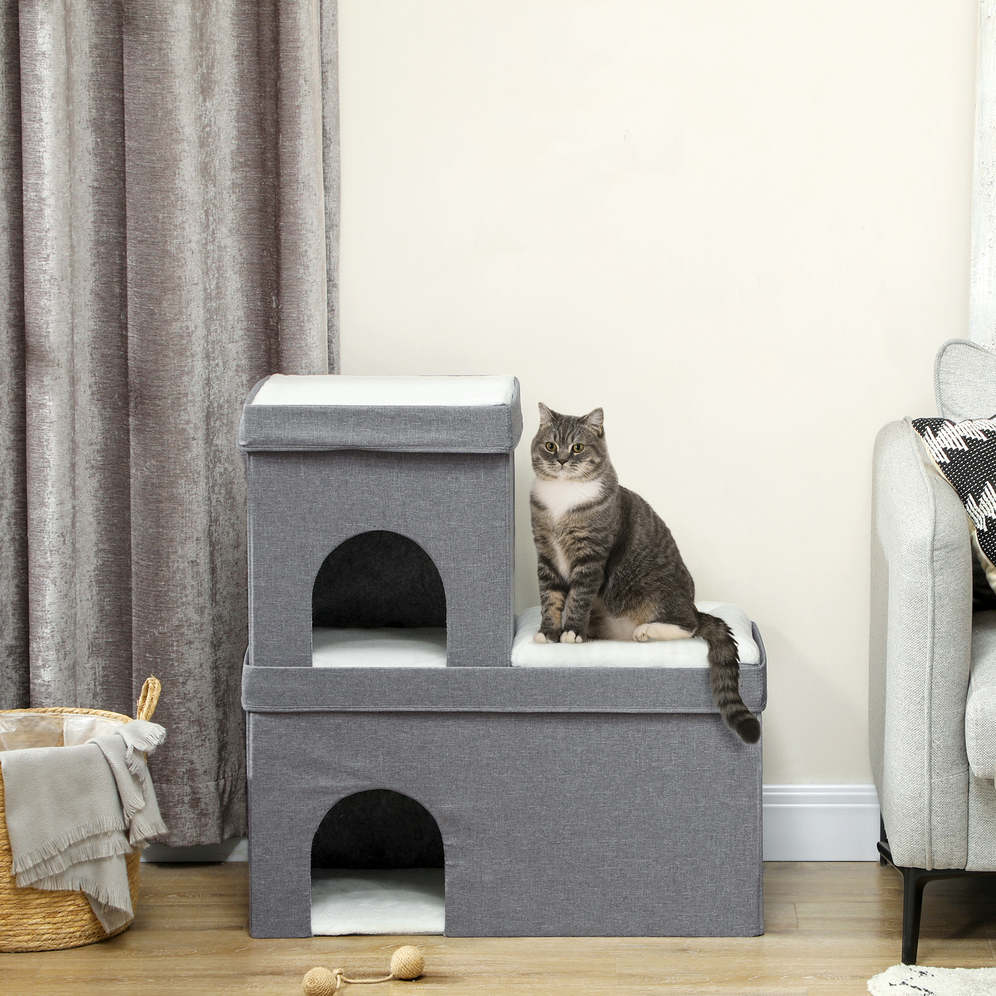 PawHut Katzenhaus mit 2 Katzenhöhlen, einfache Montage, Plüsch, 74 x 37,5 x 78,5 cm, Grau/Cremeweiß