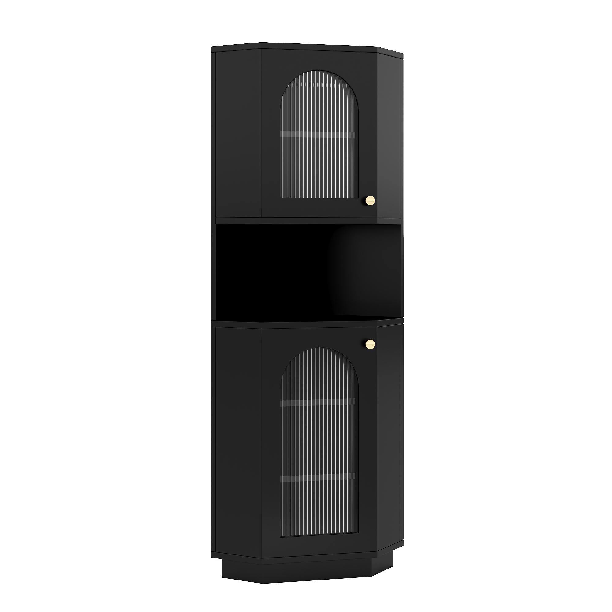 Badschrank mit Lichtleiste, Eckschrank mit zwei Ablagefächern, 45×45×166,5 cm, Schwarz