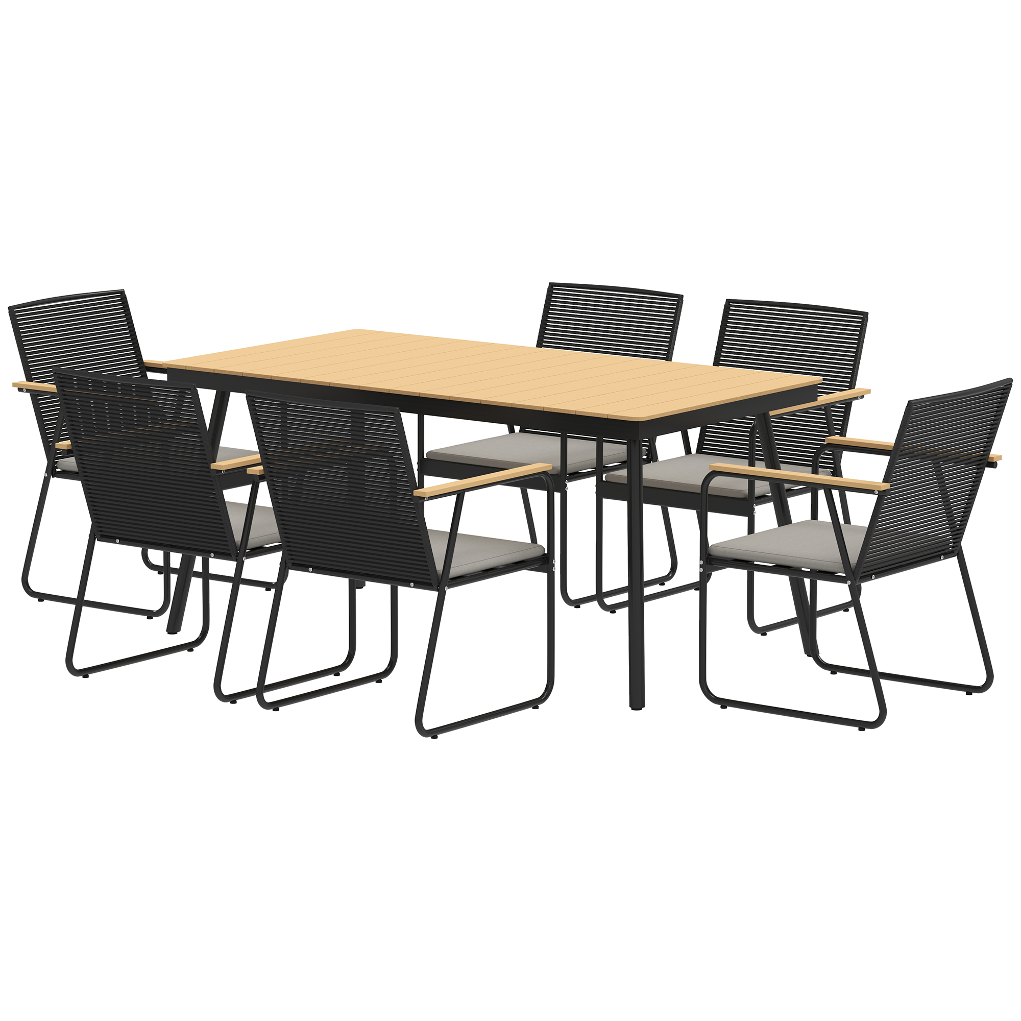 Outsunny Sitzgruppe 7-teilig Metall Essgruppe für 6 Personen Esstisch mit Tisch 6 Stühlen Esszimmergruppe Naturholz+Schwarz
